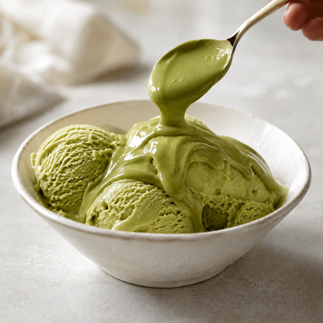 Vör Pistachio Cream drizzled over pistachio gelato in a ceramic bowl for a creamy dessert topping application