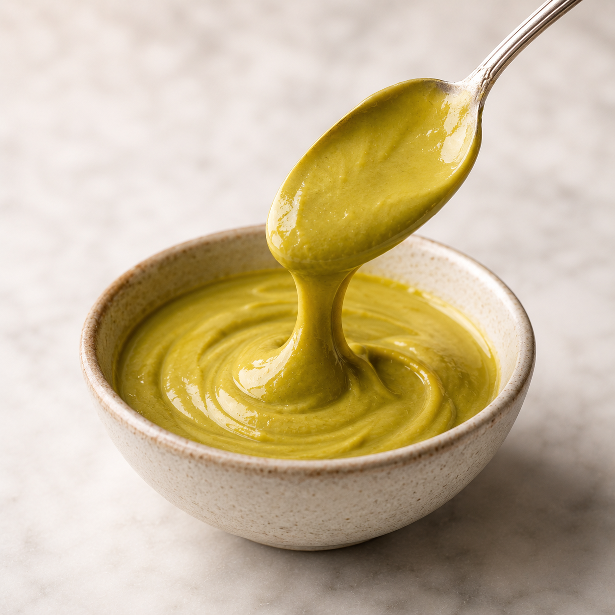 Vör Pistachio Butter in a ceramic bowl with a spoon lifting smooth, creamy pistachio butter