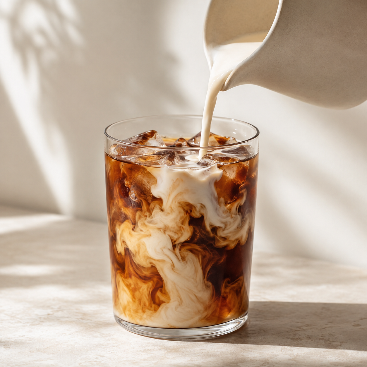 Creamy cashew nut milk base swirling into a glass of iced coffee