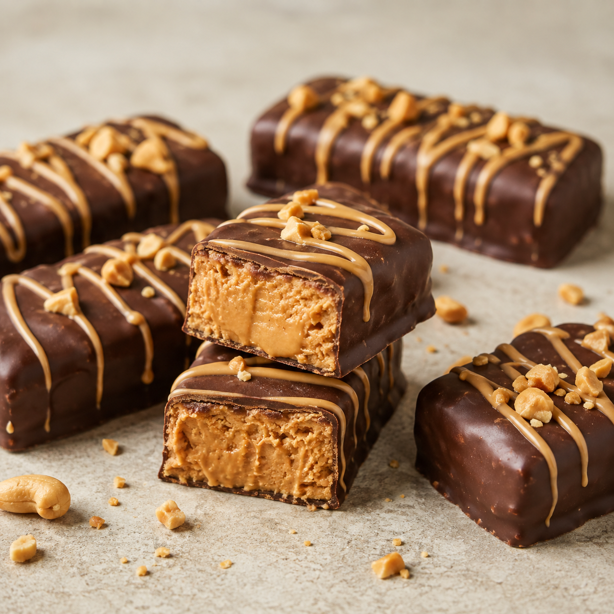Chocolate-covered protein bars filled with creamy Vör Peanut Butter and finished with a peanut butter drizzle.