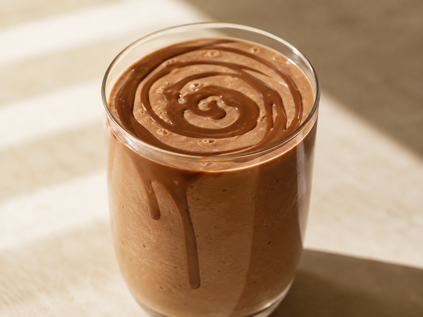 Creamy chocolate smoothie made with Vör Chocolate Hazelnut Butter, served in a glass with a smooth chocolate swirl.