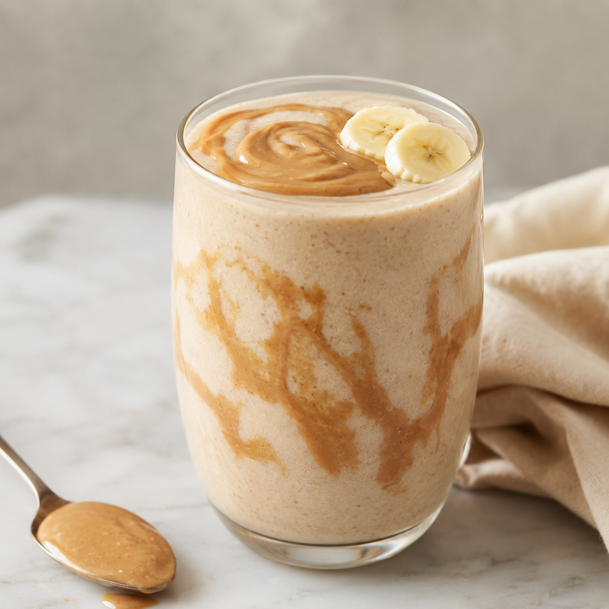 Creamy banana smoothie made with Vör almond butter, topped with banana slices and a swirl of almond butter.