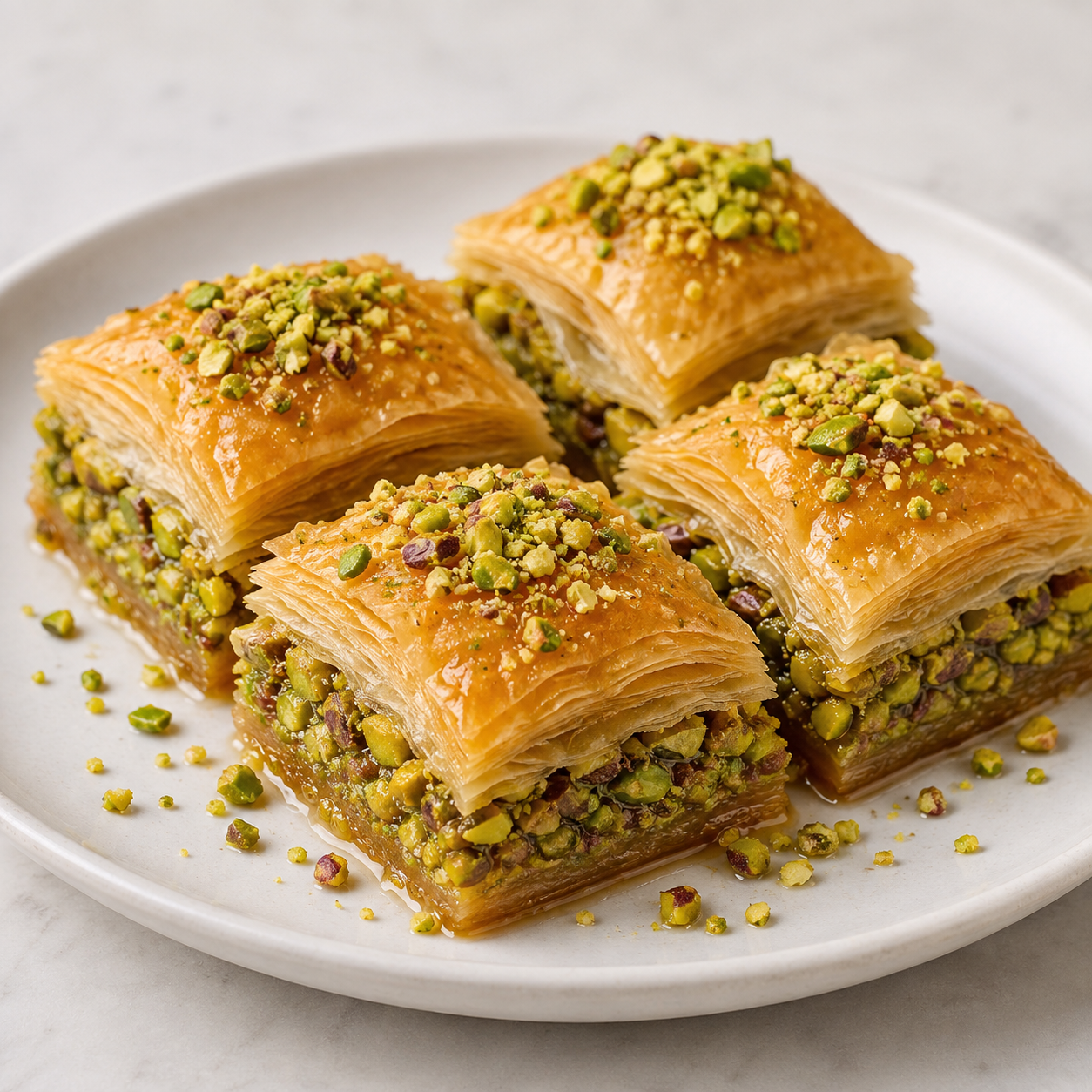 Vör chopped pistachios used in golden baklava pastries with pistachio filling and topping