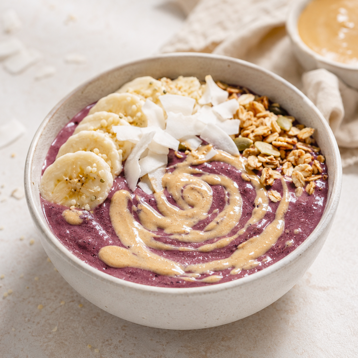 Vör Macadamia Butter drizzled over a berry smoothie bowl with banana, coconut flakes, and granola.