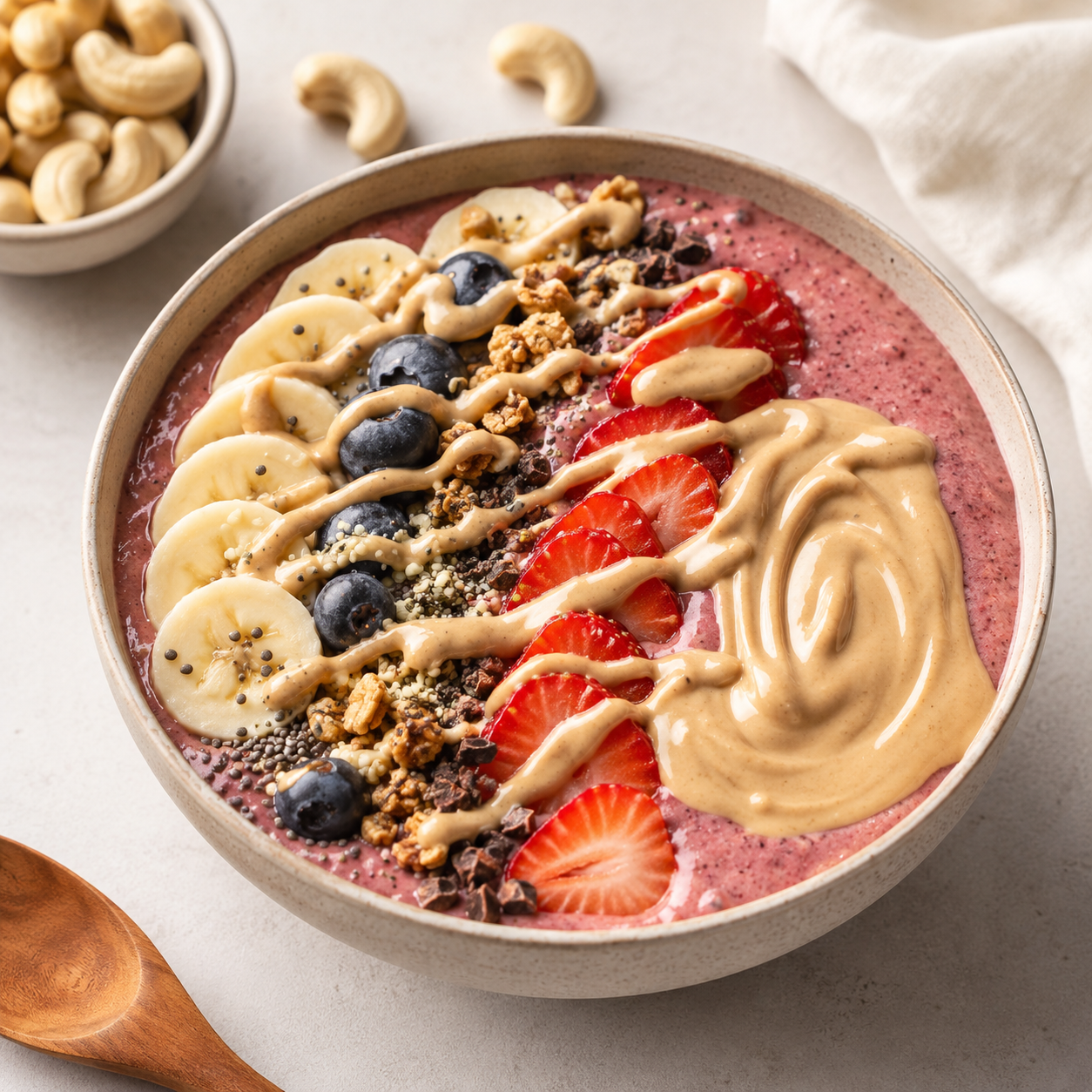 Berry smoothie bowl topped with fresh fruit, granola, and a smooth drizzle of Vör Cashew Cream.