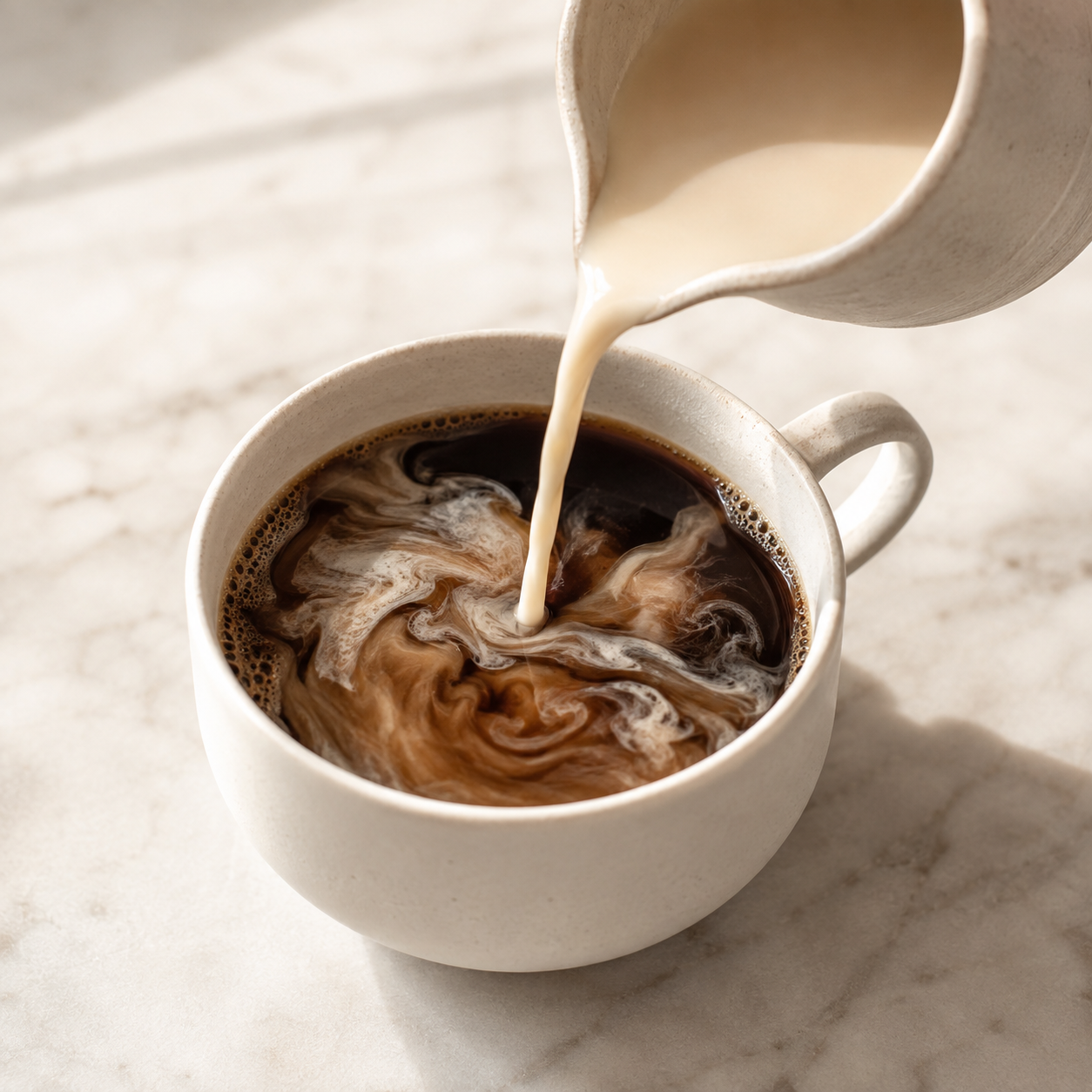 Cashew nut milk base being poured into coffee as a creamy dairy-free coffee creamer