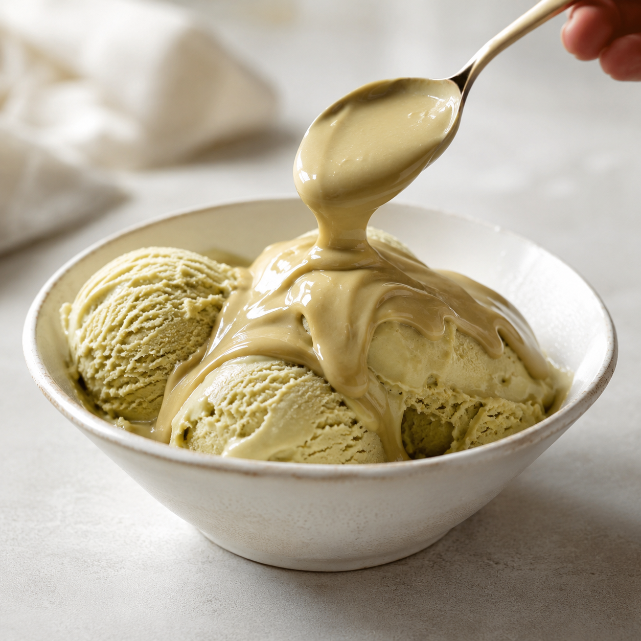 Vör Pistachio Cream 30 drizzled over pistachio gelato in a ceramic bowl for a creamy dessert topping application