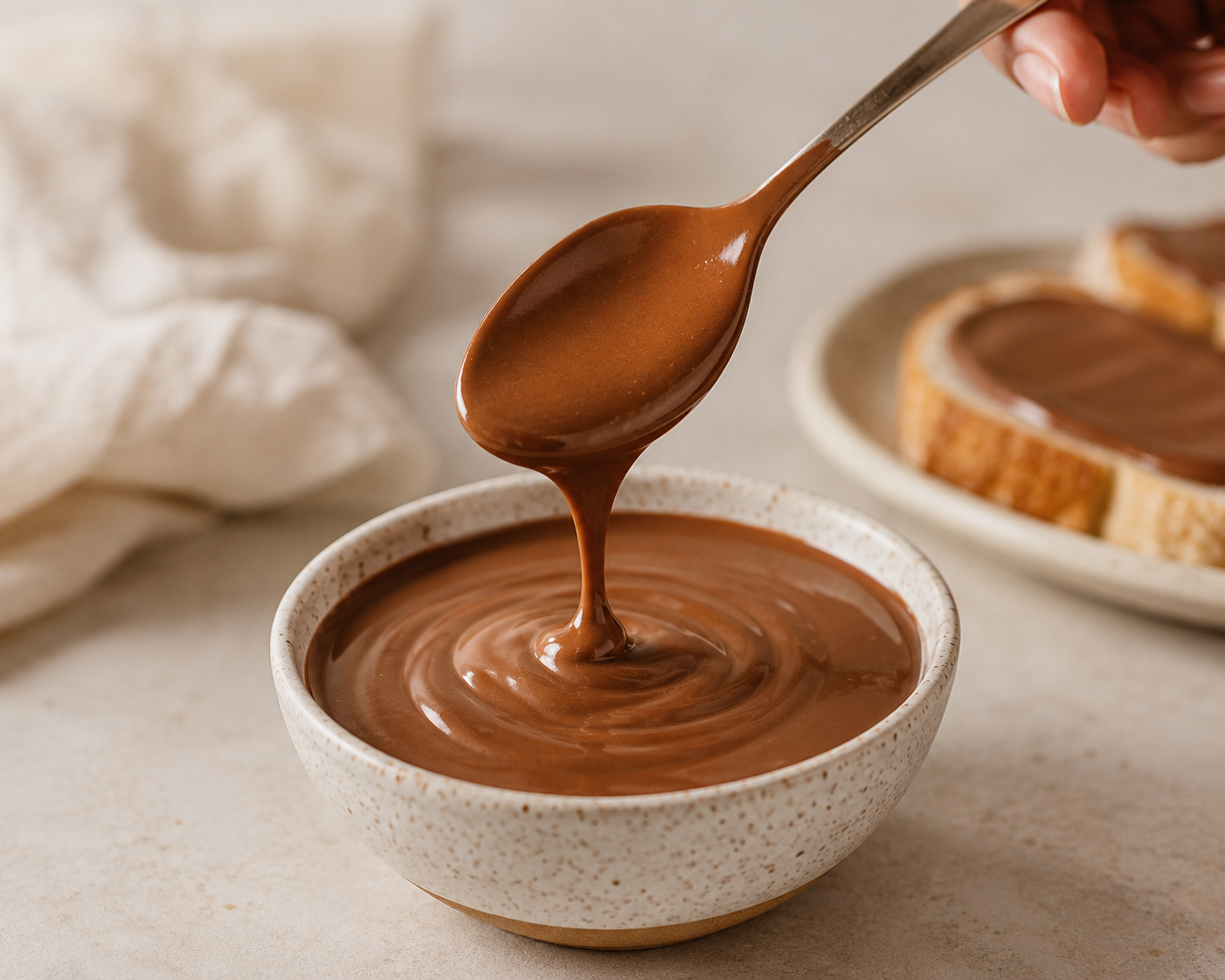 Vör Chocolate Hazelnut Butter in a ceramic bowl with a spoon lifting the smooth, creamy spread.