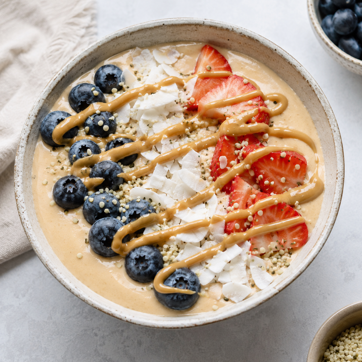 Vör Peanut Butter smoothie bowl topped with strawberries, blueberries, coconut flakes, seeds and smooth peanut butter drizzle.