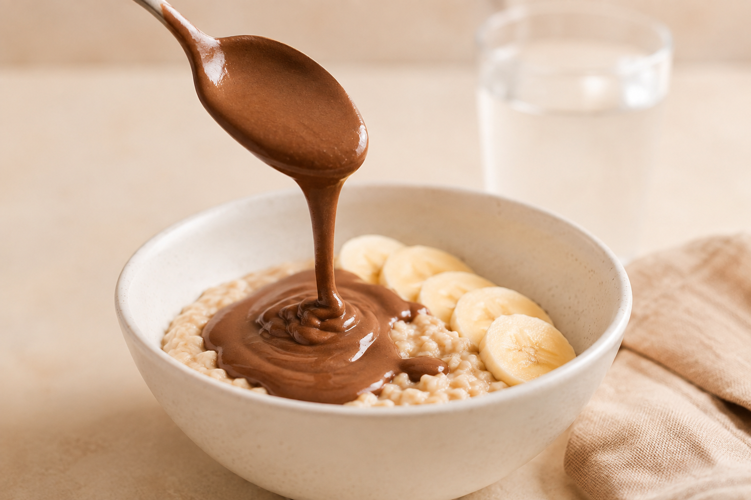 Oatmeal with banana slices topped with smooth Vör Chocolate Hazelnut Butter.