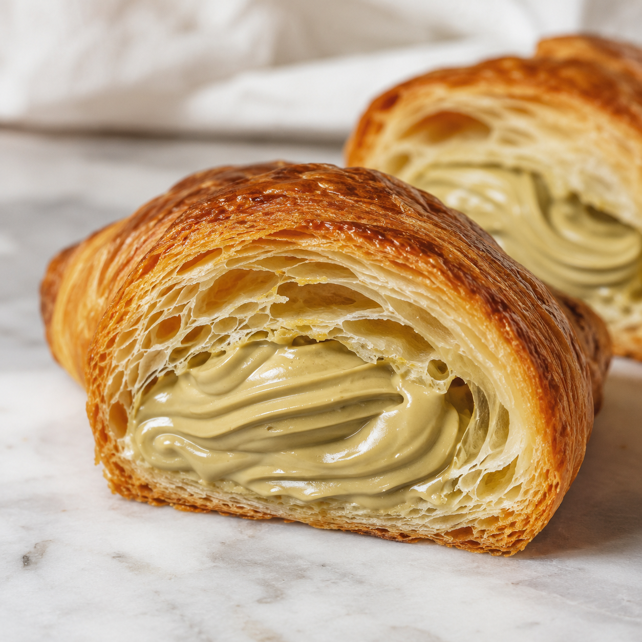 Flaky croissant filled with smooth Vör Pistachio Cream 30 for bakery and pastry applications