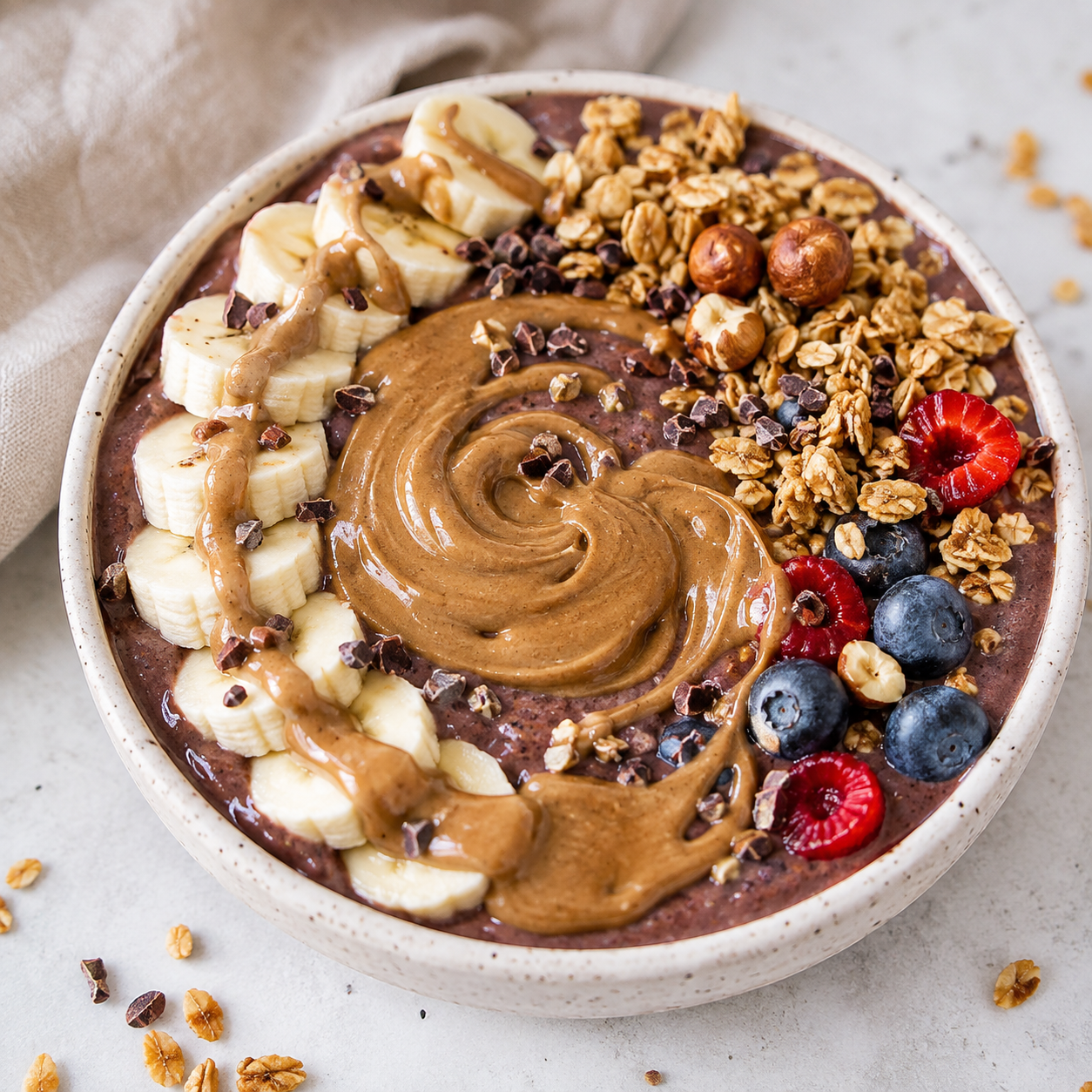 Smoothie bowl topped with Vör Hazelnut Butter, banana, berries, granola, and cacao nibs