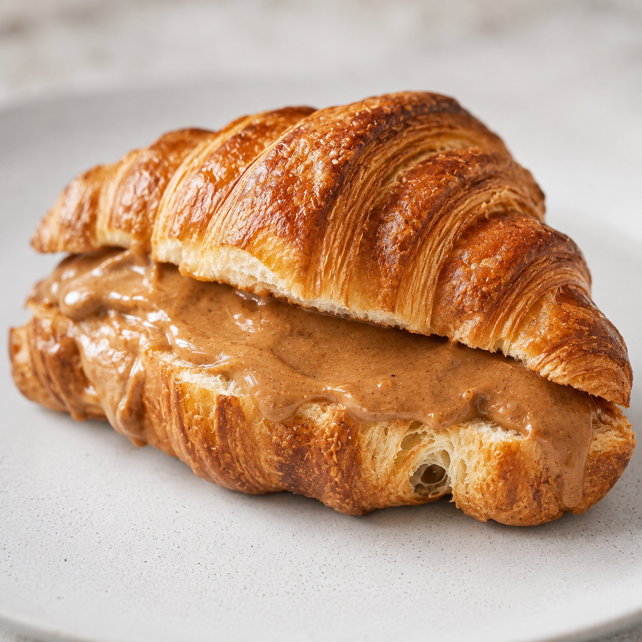 Flaky croissant filled with creamy Vör Hazelnut Butter for bakery and pastry applications