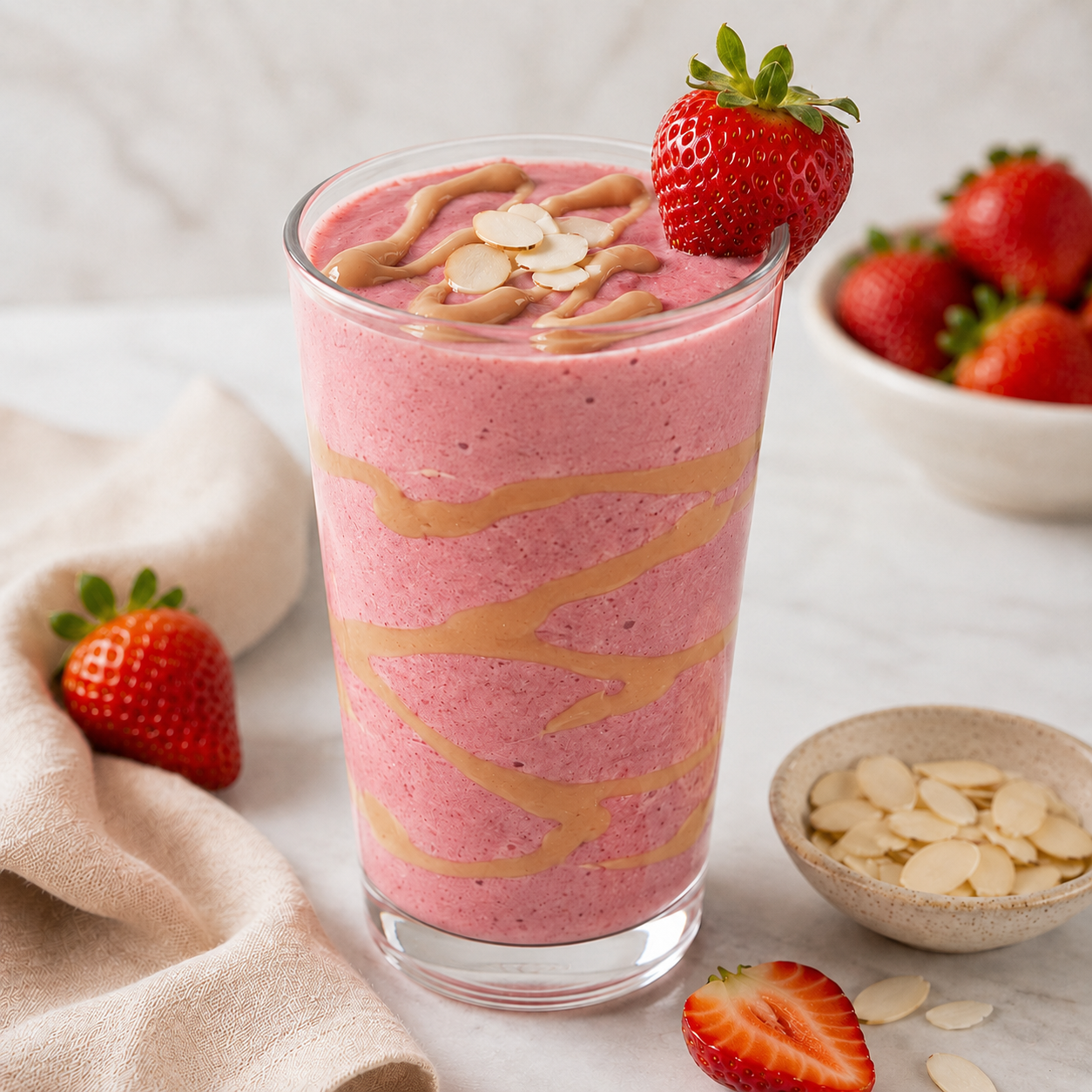 Strawberry smoothie served with sliced nuts and a rich swirl of Vör Pecan Drizzle.