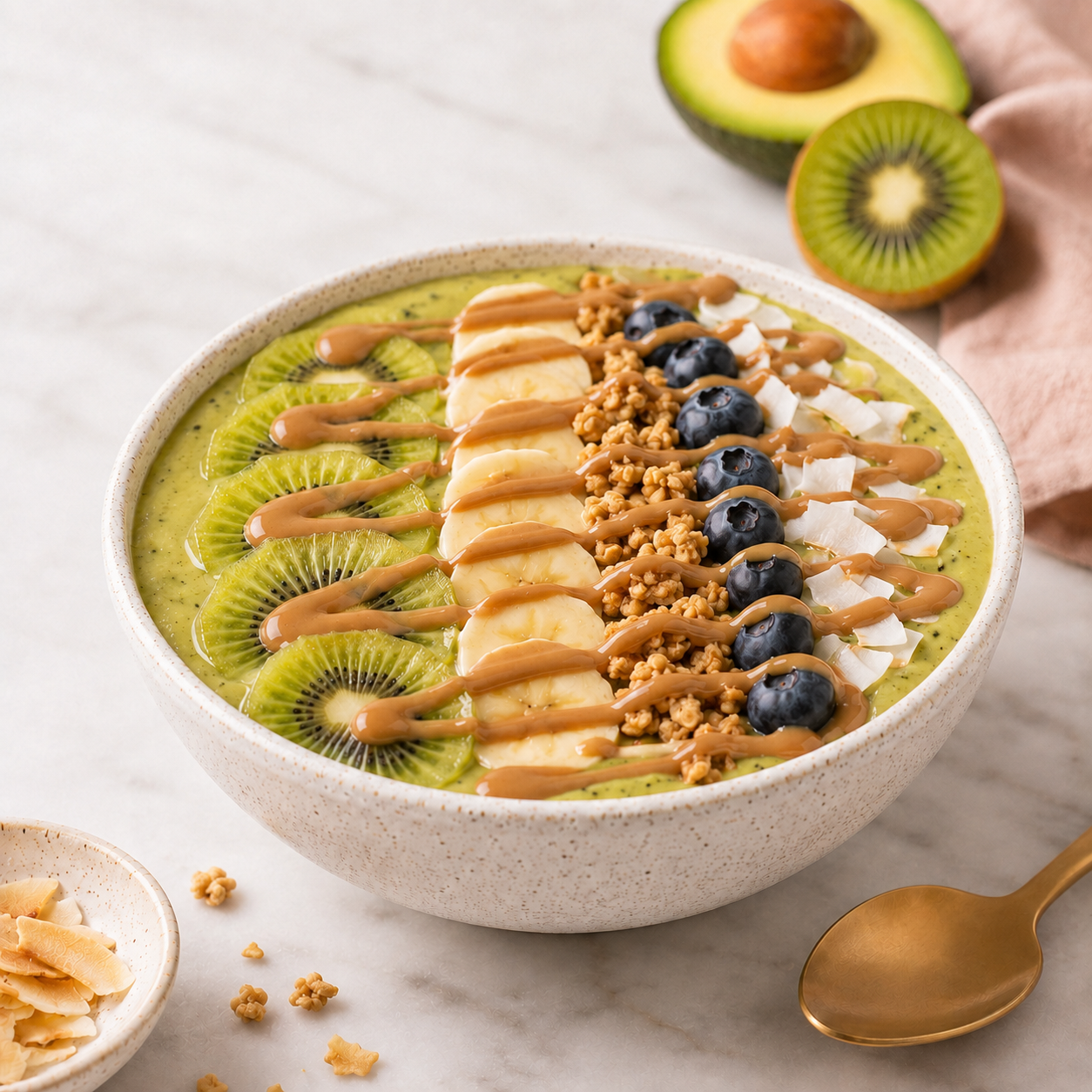 Green kiwi smoothie bowl topped with banana, blueberries, granola, coconut, and Vör Pecan Drizzle.