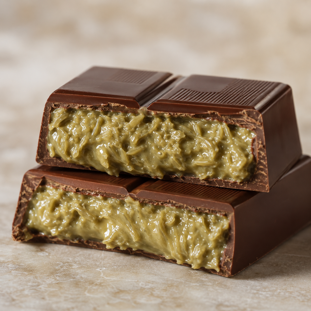 Dubai-style chocolate bar filled with Vör Pistachio Cream 30 and crispy shredded pastry filling