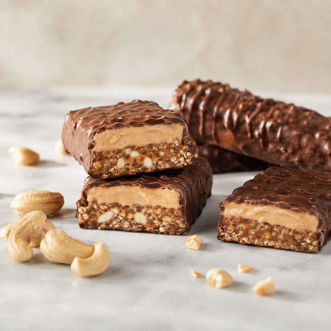 Chocolate-covered protein bars with a creamy Vör Cashew Butter filling, showcasing cashew butter for snack and protein bar manufacturing.