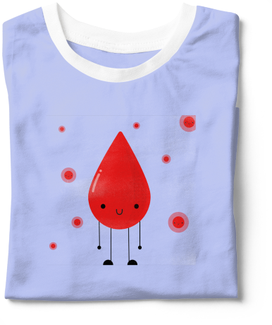 Blue shirt with illustrated blood drop and cells