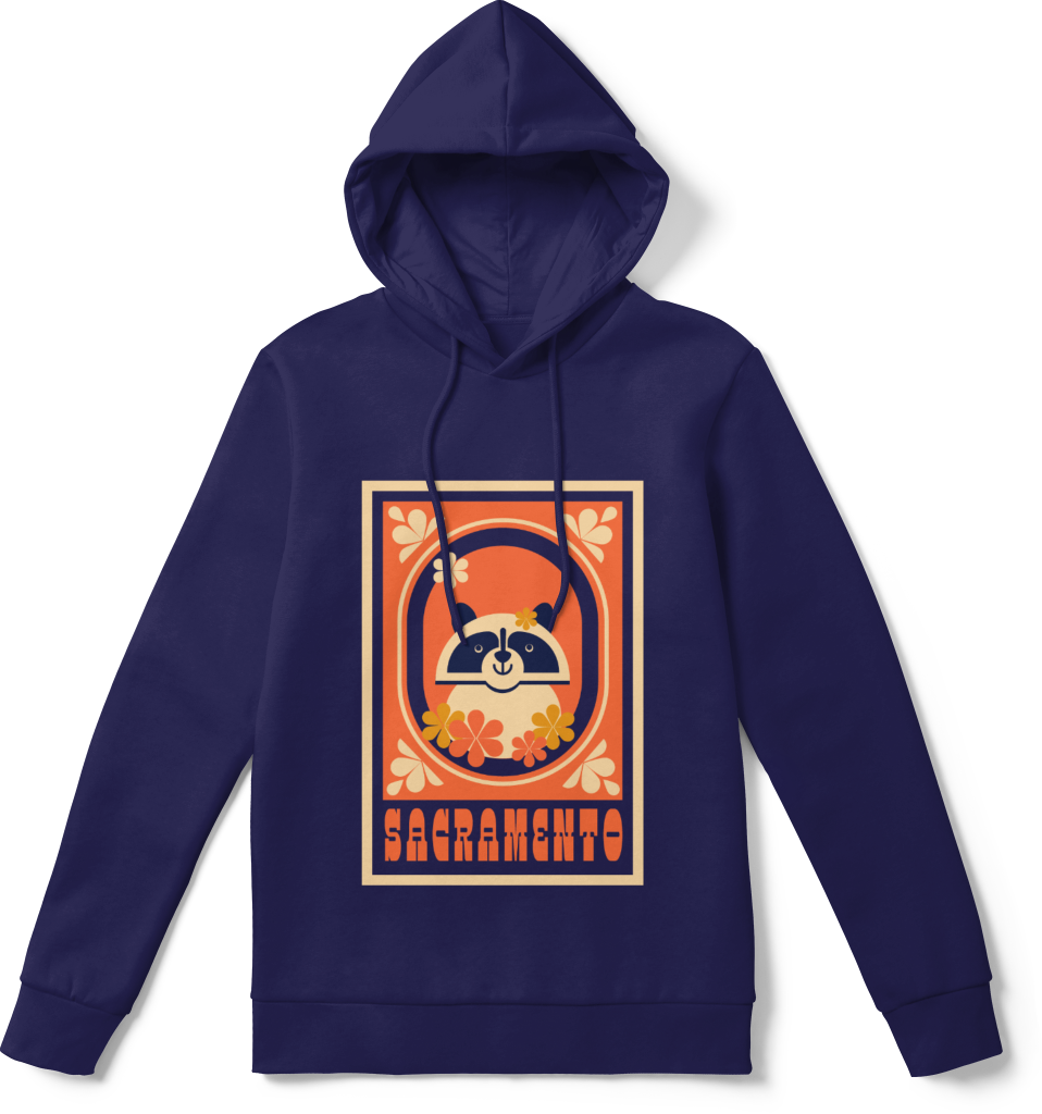 Navy blue hoodie with illustration of a raccoon and the text Sacramento