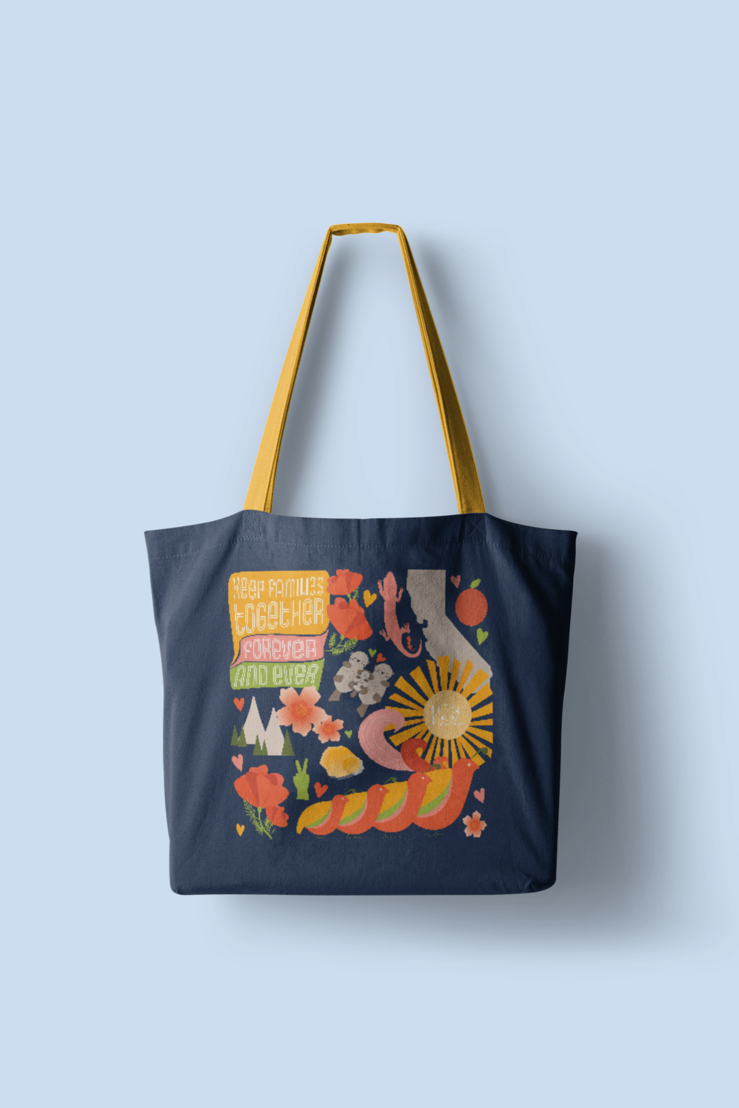 Navy blue tote bag with colorful illustration