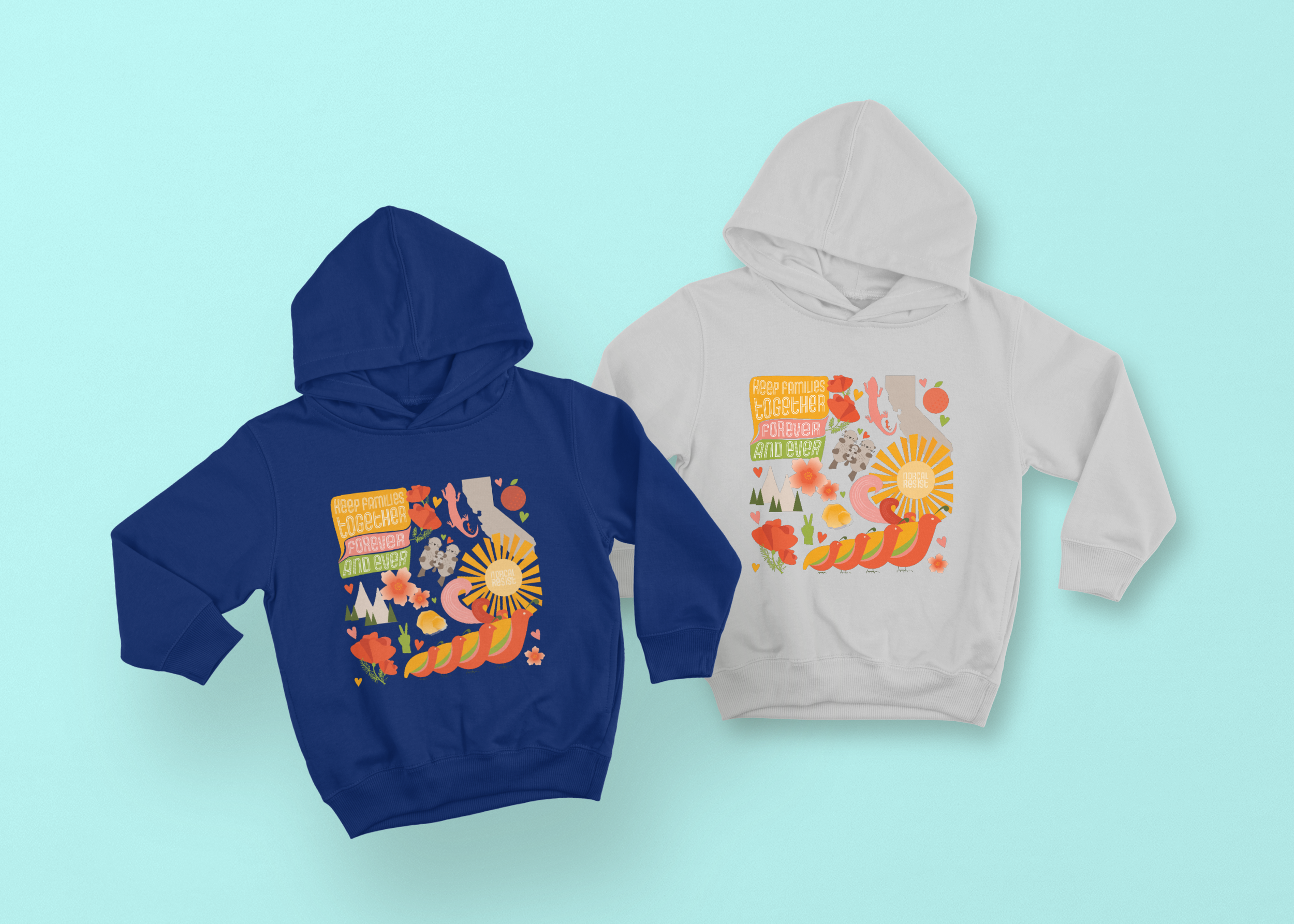 Image of two sweatshirts one dark blue and one grey that have the NorCal Resist Illustration on it.