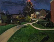 Ryan Kerr,  Western Campus Nocturne  Oil on Panel, 16 1/2" x 21", 2024