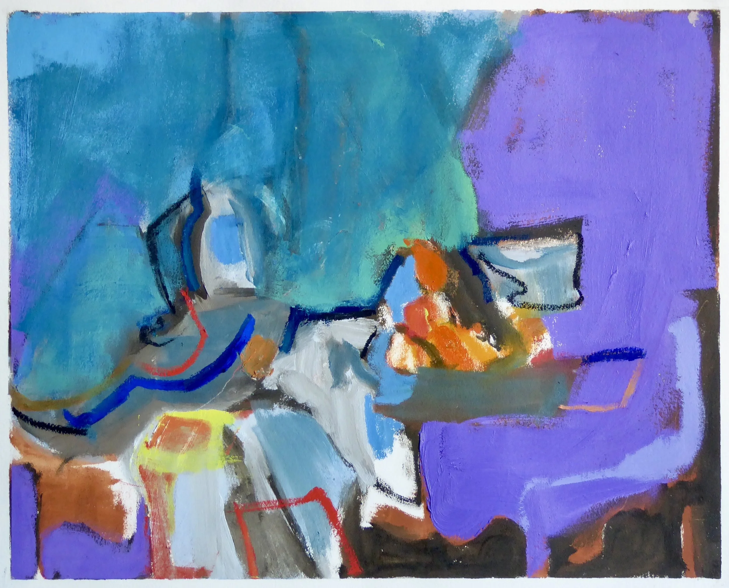 Stephanie Franks, "Fruit Bowl with Purple Cloth", Acrylic on Paper, 16 x 20 inches, 2021.