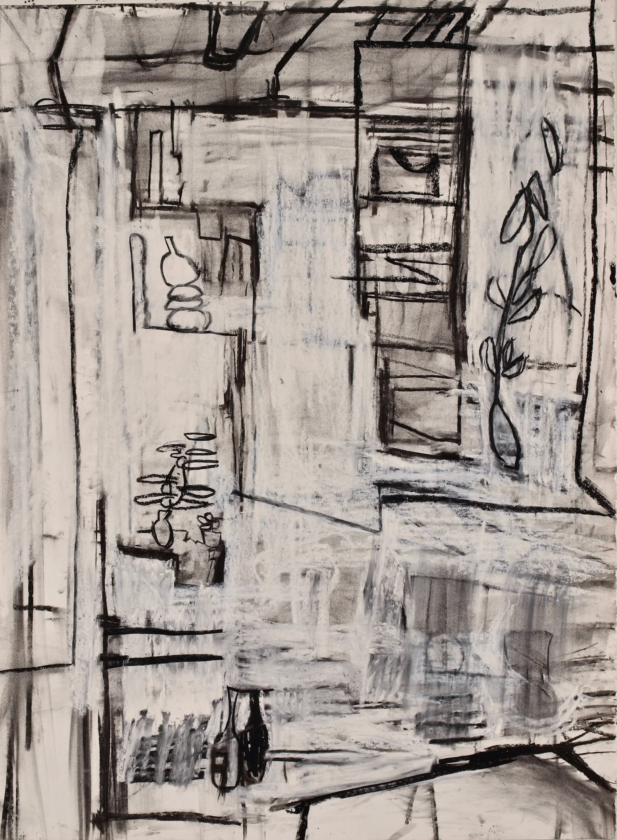 Stephanie Franks, Still Life with Plants, Charcoal and Pastel on Paper, 30x22 inches, 2019-2024.