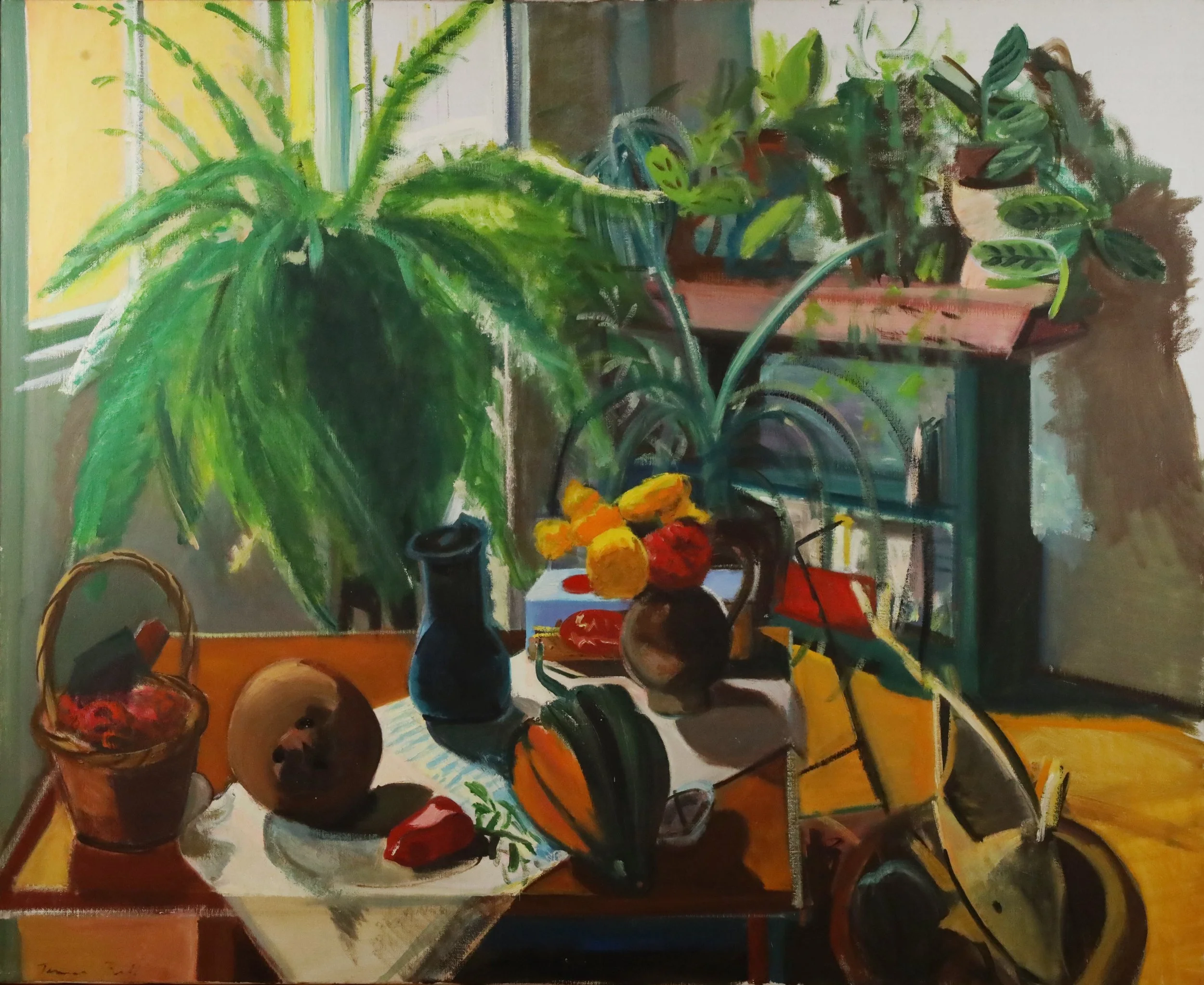 "Fern Basket with Straw Fish", Oil on Canvas, 48" x 33", ca1974