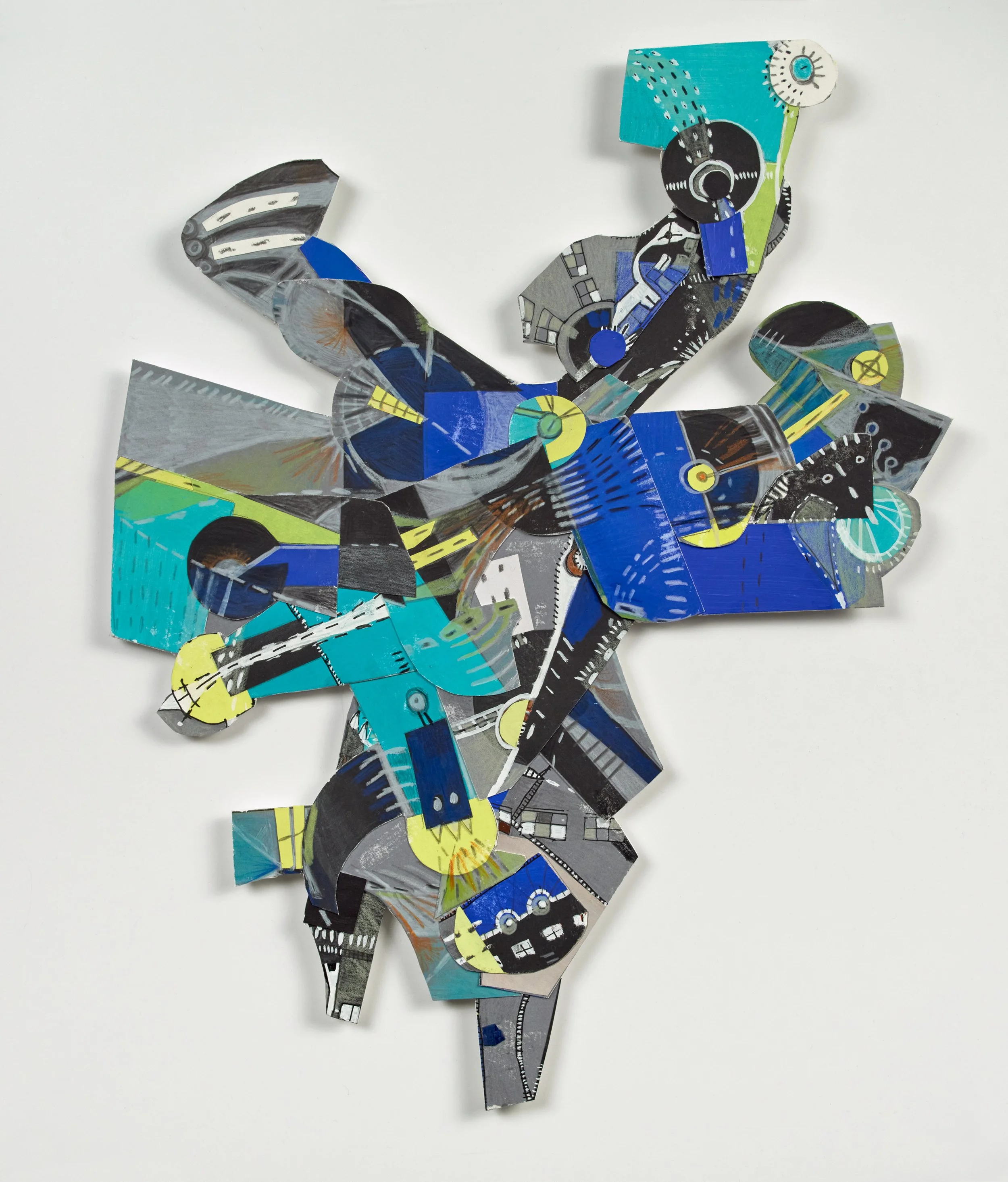 "Warrior Dance", Cut Paper, Mixed Media on Board (Shaped), 18.5" x 14.5", 2025
