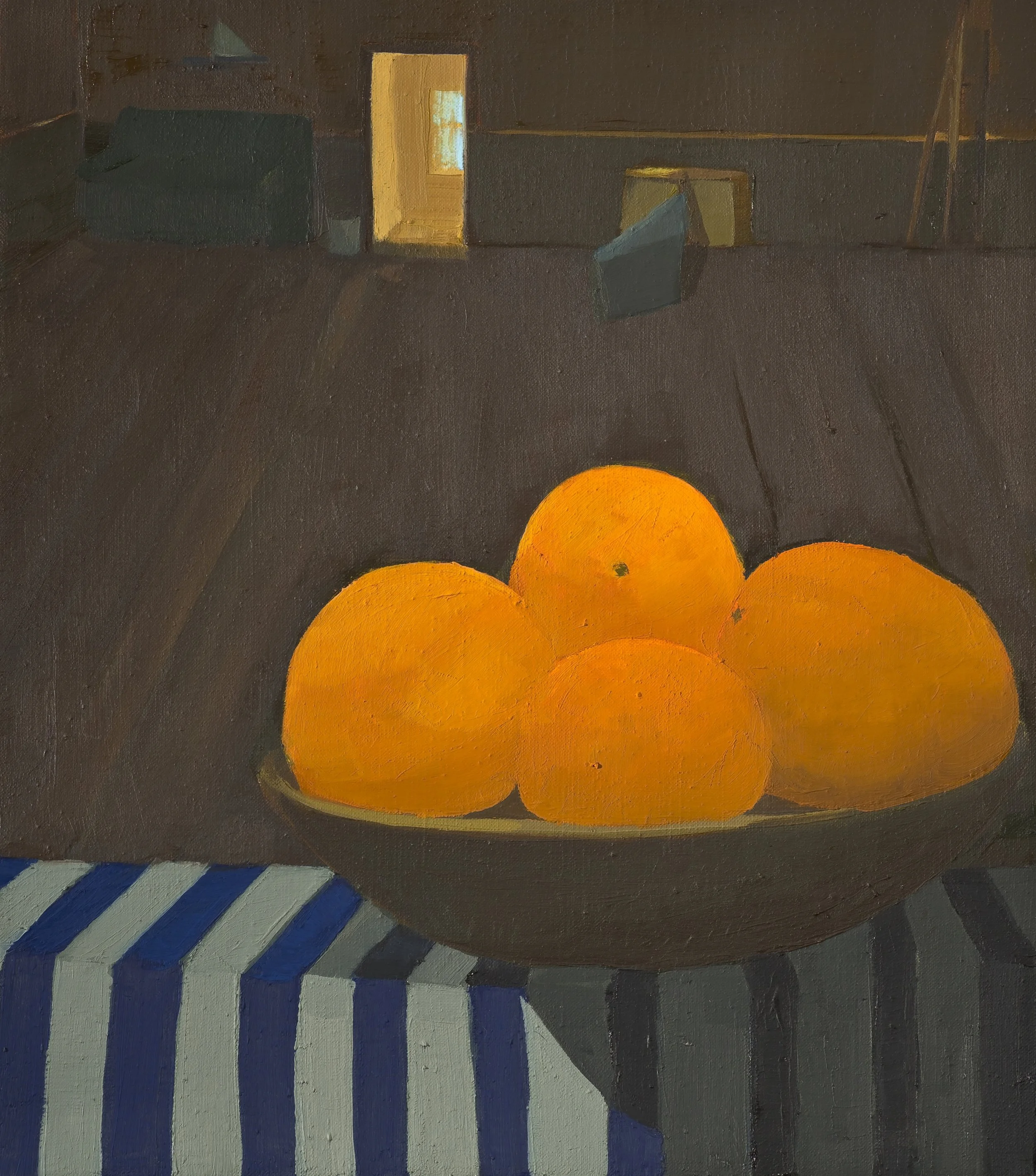 Nancy McCarthy, "Oranges at 3:30 PM", Oil on Linen, 18" x 16", 2025