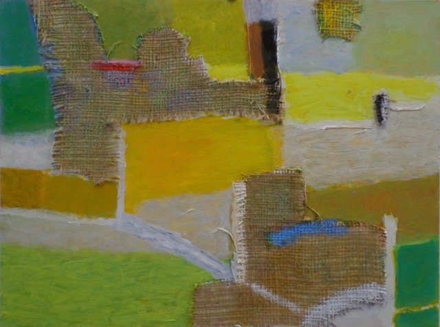 "Spring Landscape I", Acrylic and burlap on panel, 12" x 16", 2020