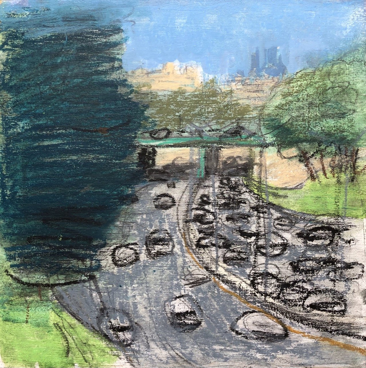 Patrick Jewell, "Prospect Expressway looking West from 7th Ave," Crayon and gouache on wood panel, 8in x 8in, 2021-2022