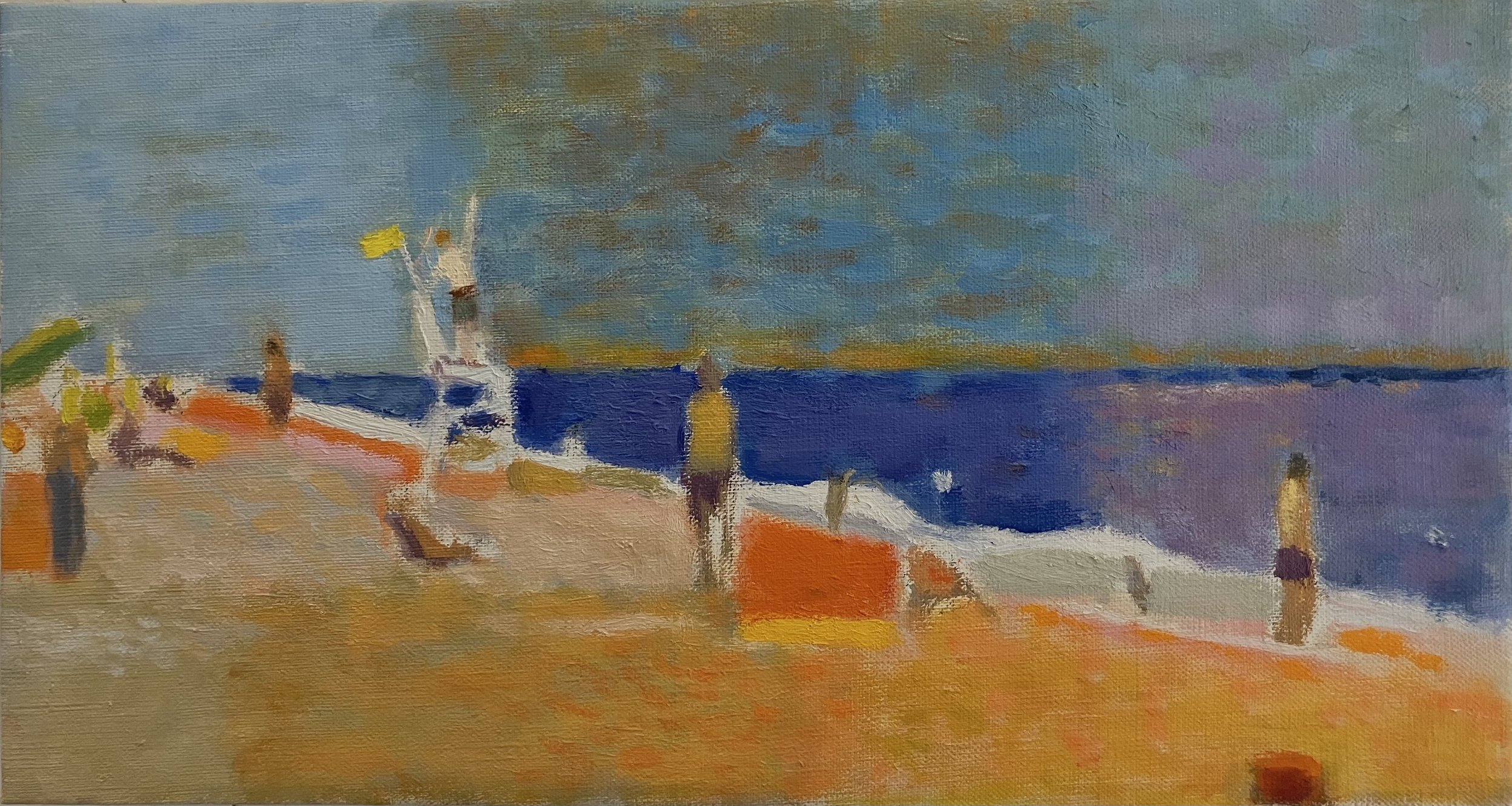 "Beach, Red Square", Oil on Canvas, 7" x 14", 2024