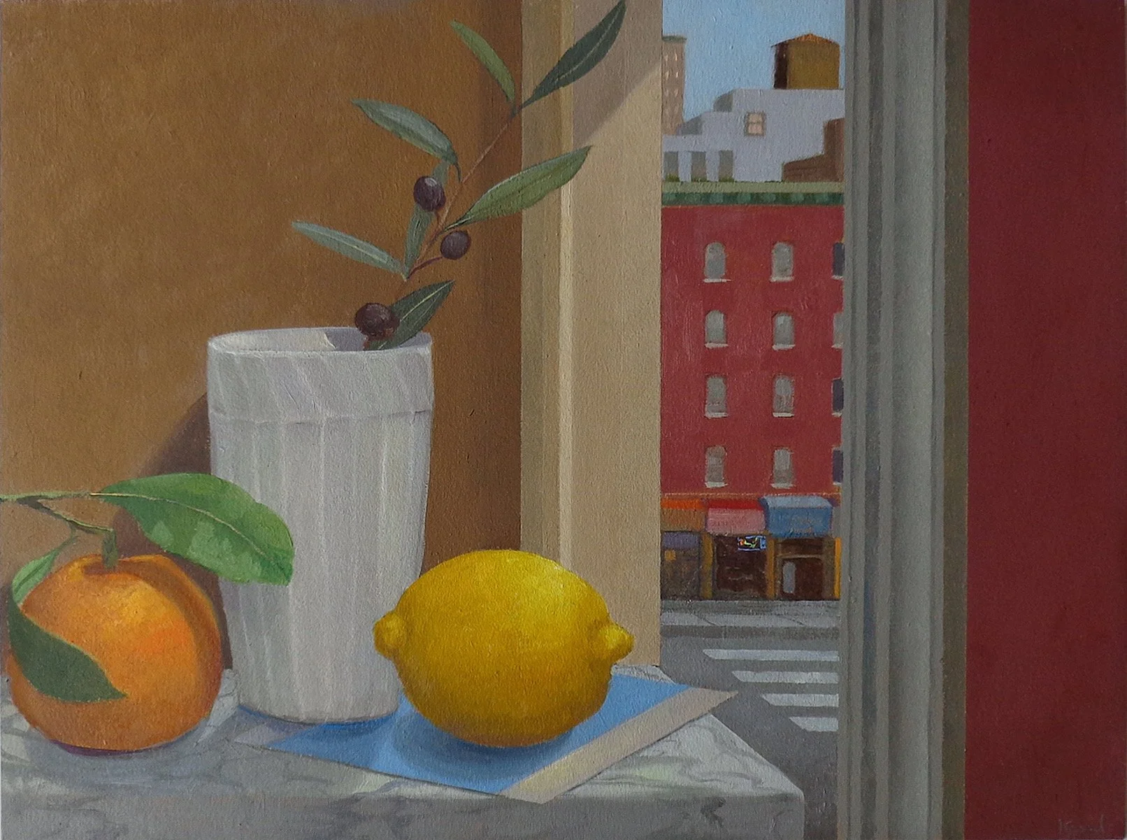 Barbara Kassel, " Vase, Citrus, Olive on Chrich Street", Oil on Prepared Paper, 9" x 12", 2016