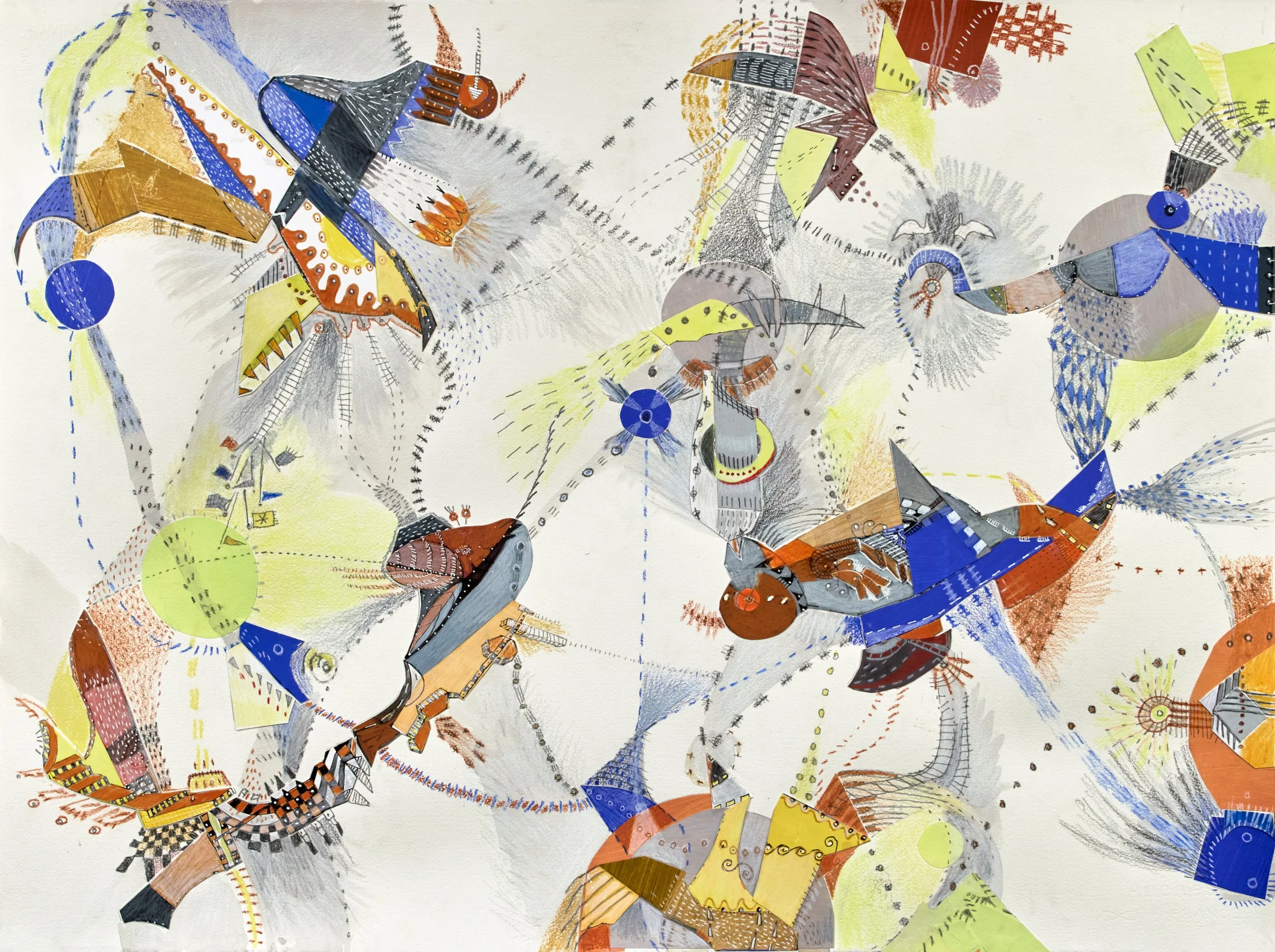 "With Birds", Cut Paper, Mixed Media on Paper, 25.5" x 30", 2025