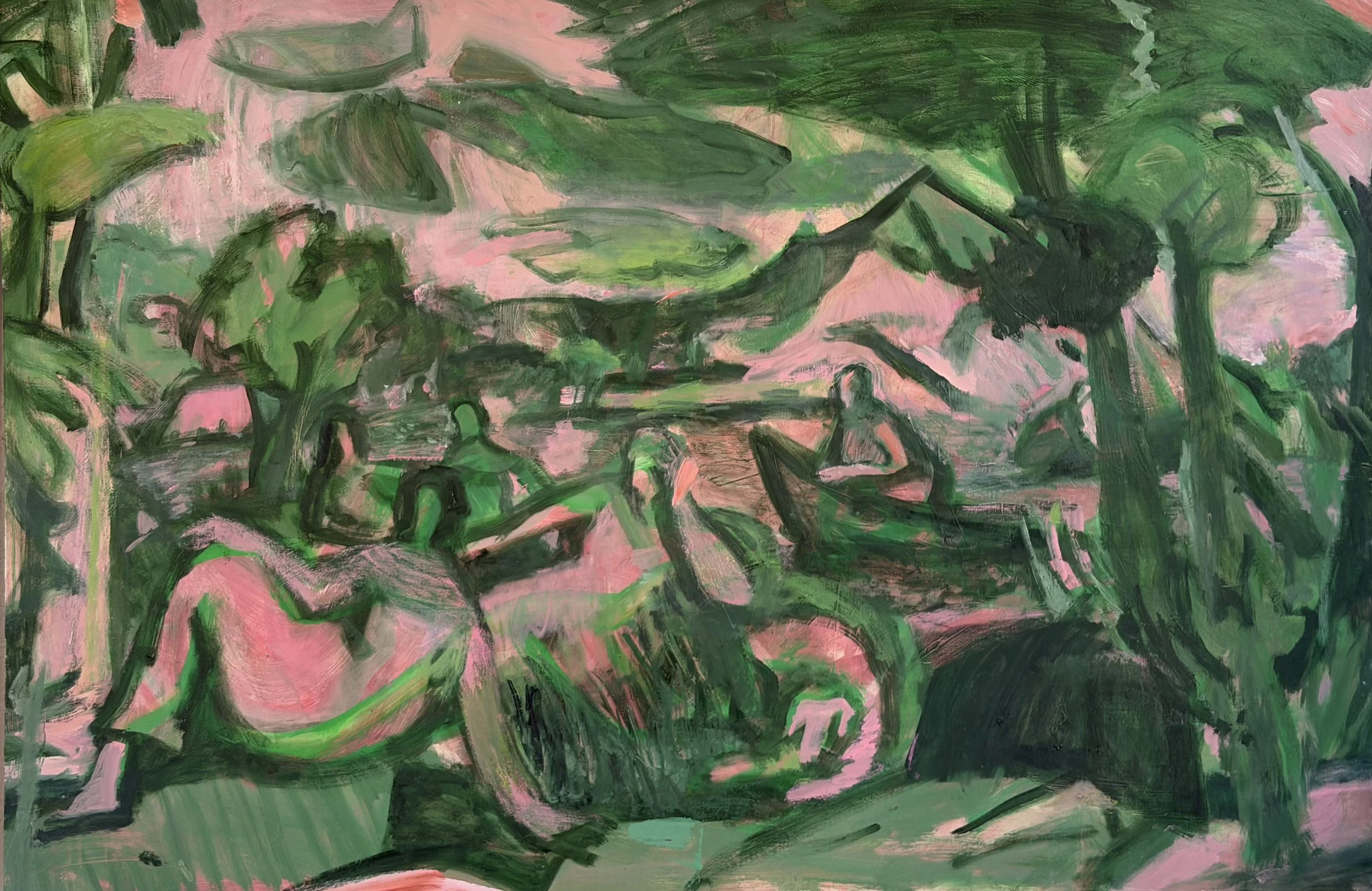 "Euridyce at Rest (pink and green)", Oil on Canvas, 48" x 72", 2026
