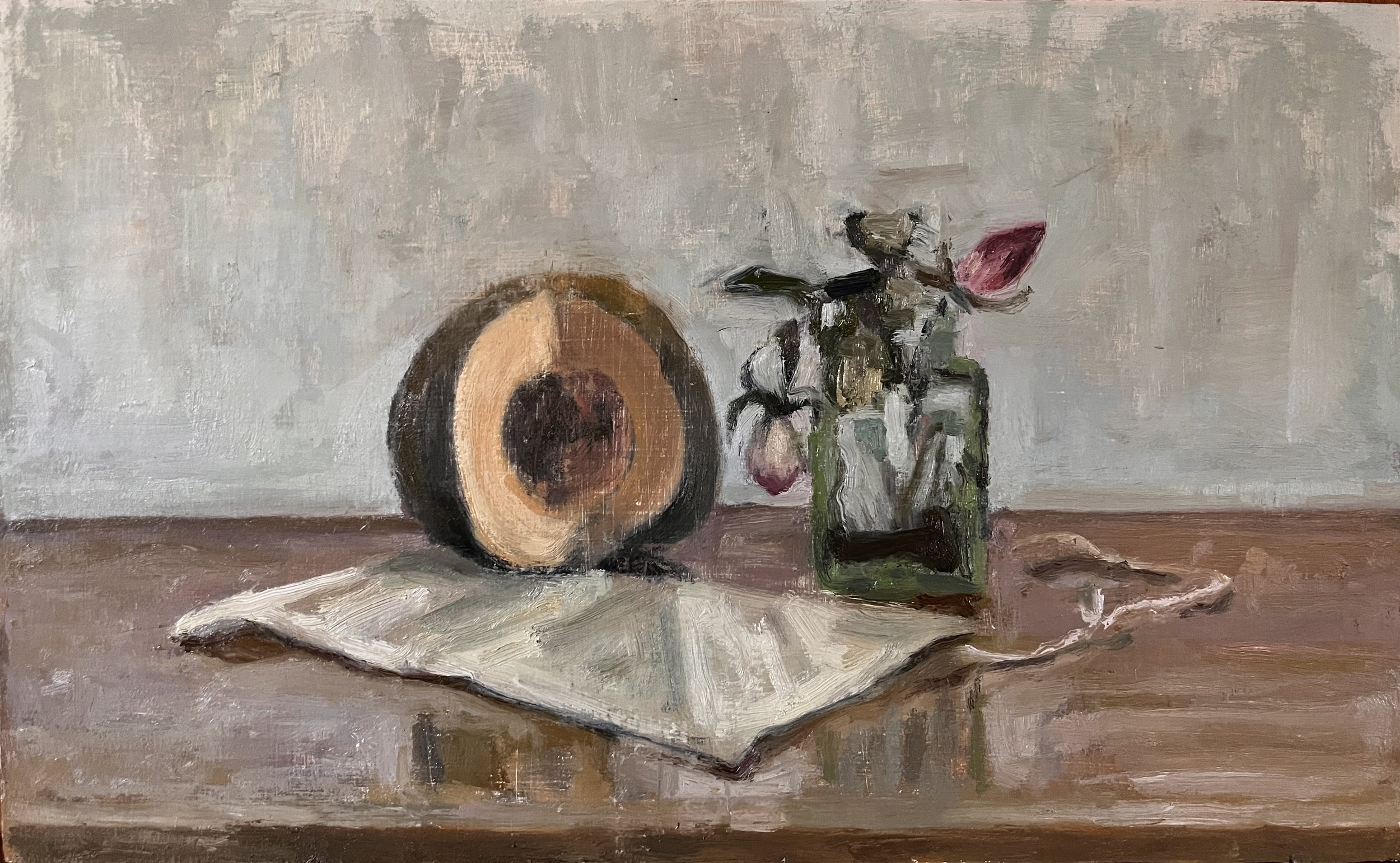 "Acorn squash, dried roses in a green glass bottle, paper, and string", oil on wood panel,  9 1/4" x 14 7/8"