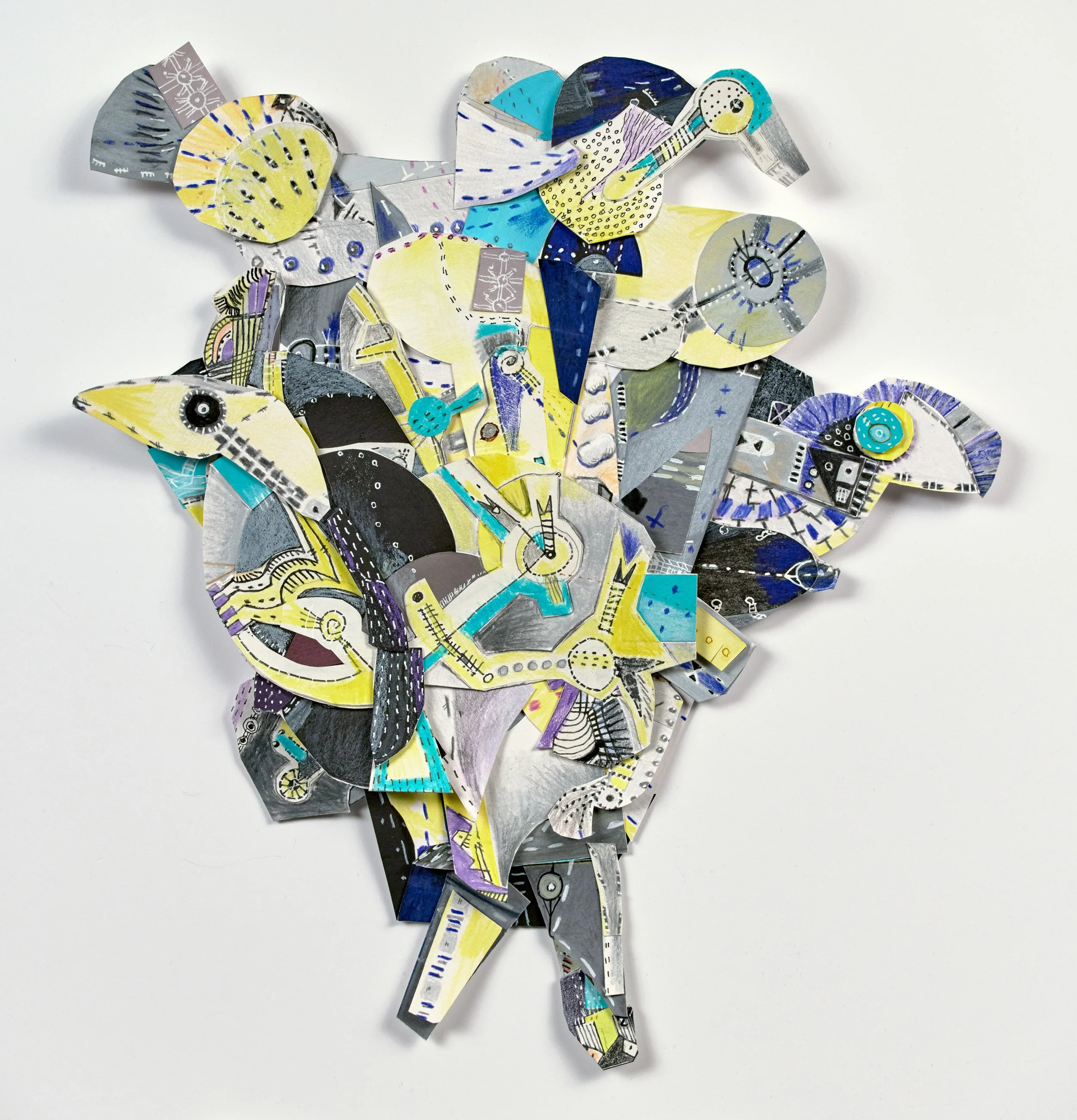 "Bird Squad", Cut Paper, Mixed Media on Board (Shaped), 14.5" x 13.5", 2025