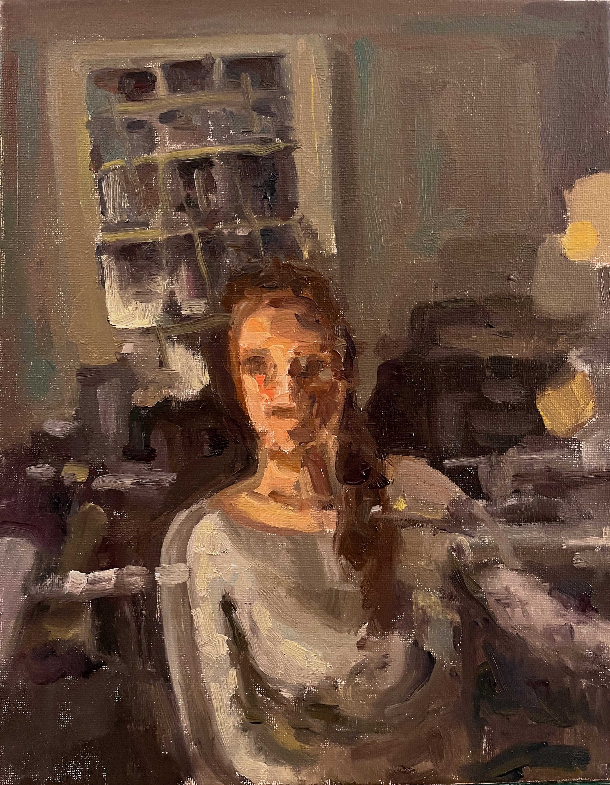 Eileen Mooney, "Self Portrait Sketch: Winter Reflection," Oil on canvas, 14in x 11in, 2022