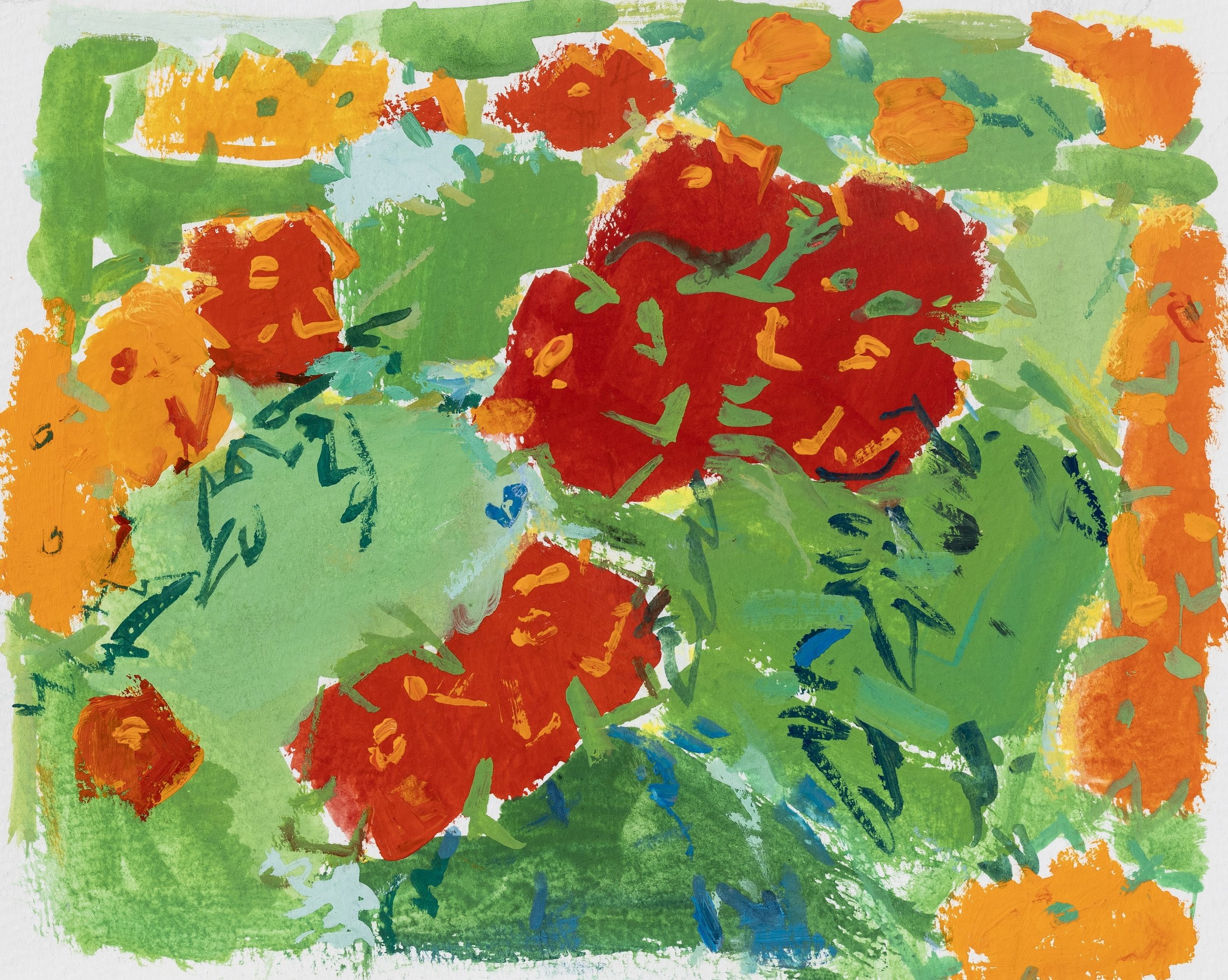 "Garden Green Red Orange Pulsing", Acrylic gouache on Paper, 4.25" x 6.25", 2025