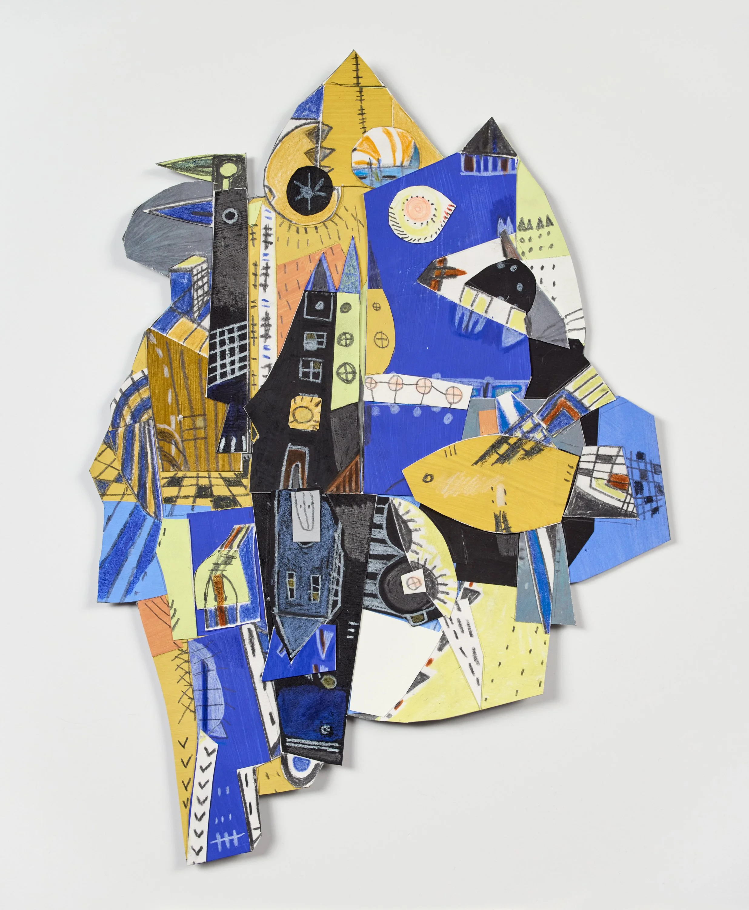 "Fish City", Cut Paper, Mixed Media on Board (Shaped), 14.5" x 11", 2025