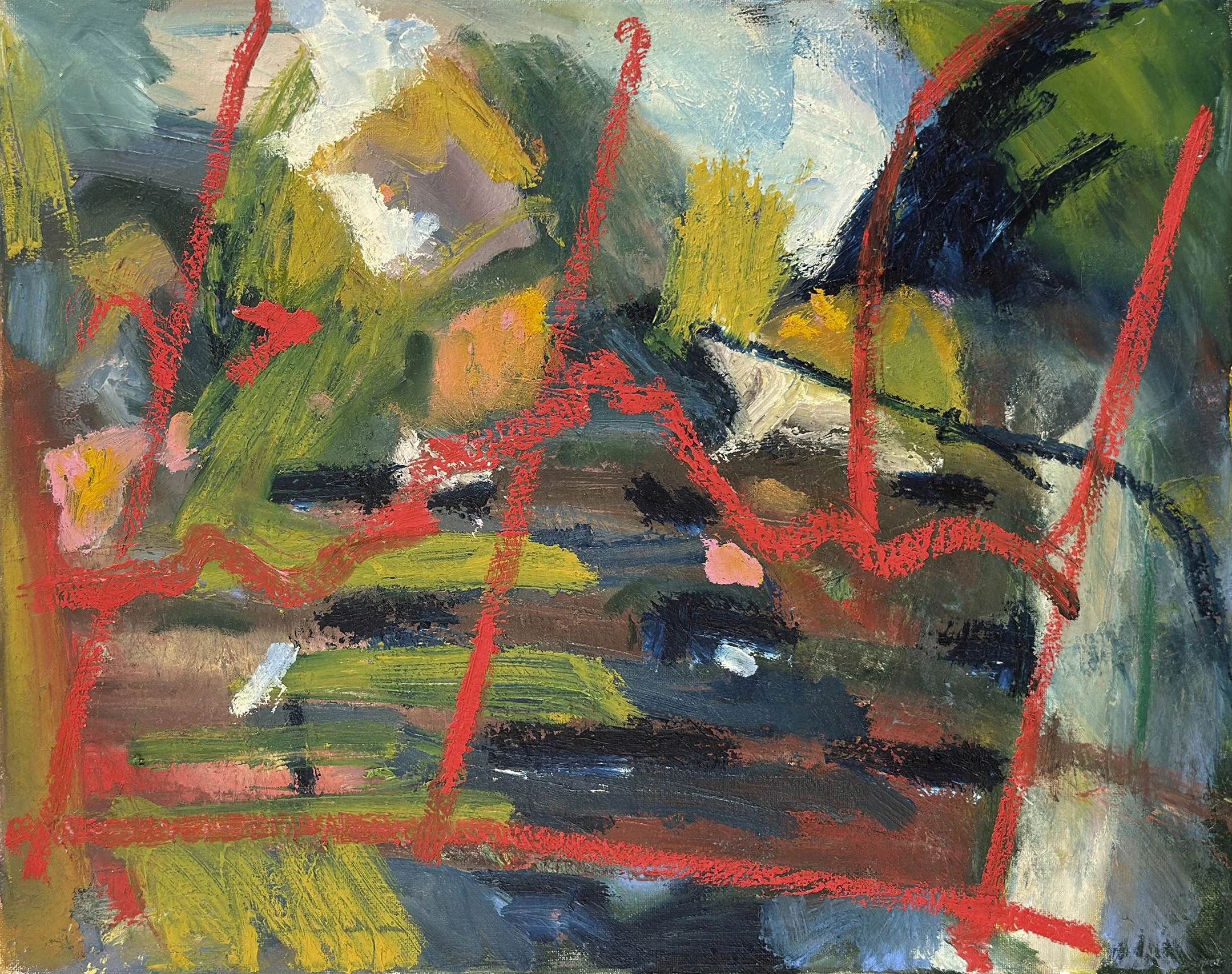 "Park Bench with Thick Red Line", Pigment Stick (Oil) on Canvas, 16" x 20", 2025