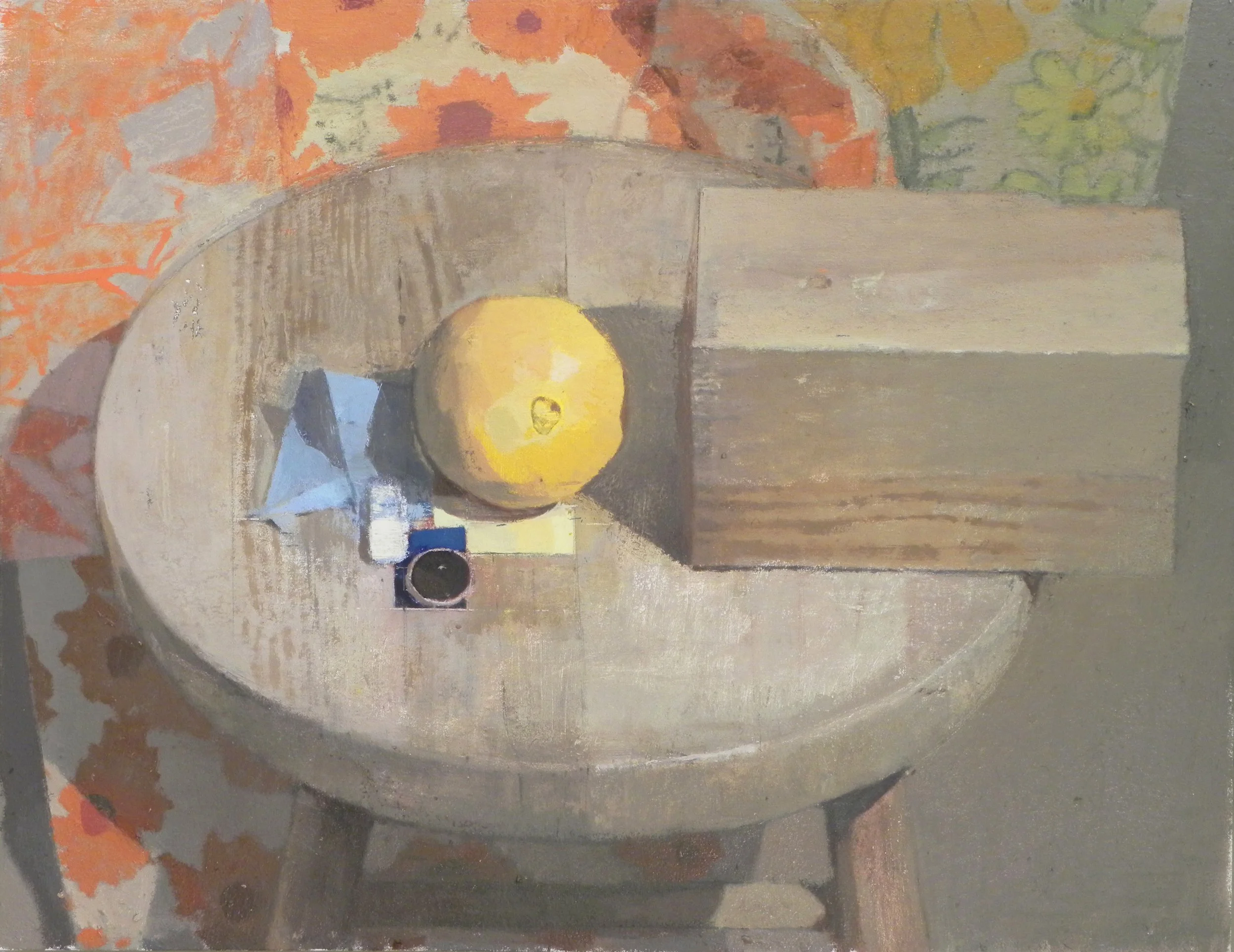 Edmond Praybee, "Orange, Button and Woodblock", Oil on Muslin Panel, 14" x 18", 2026