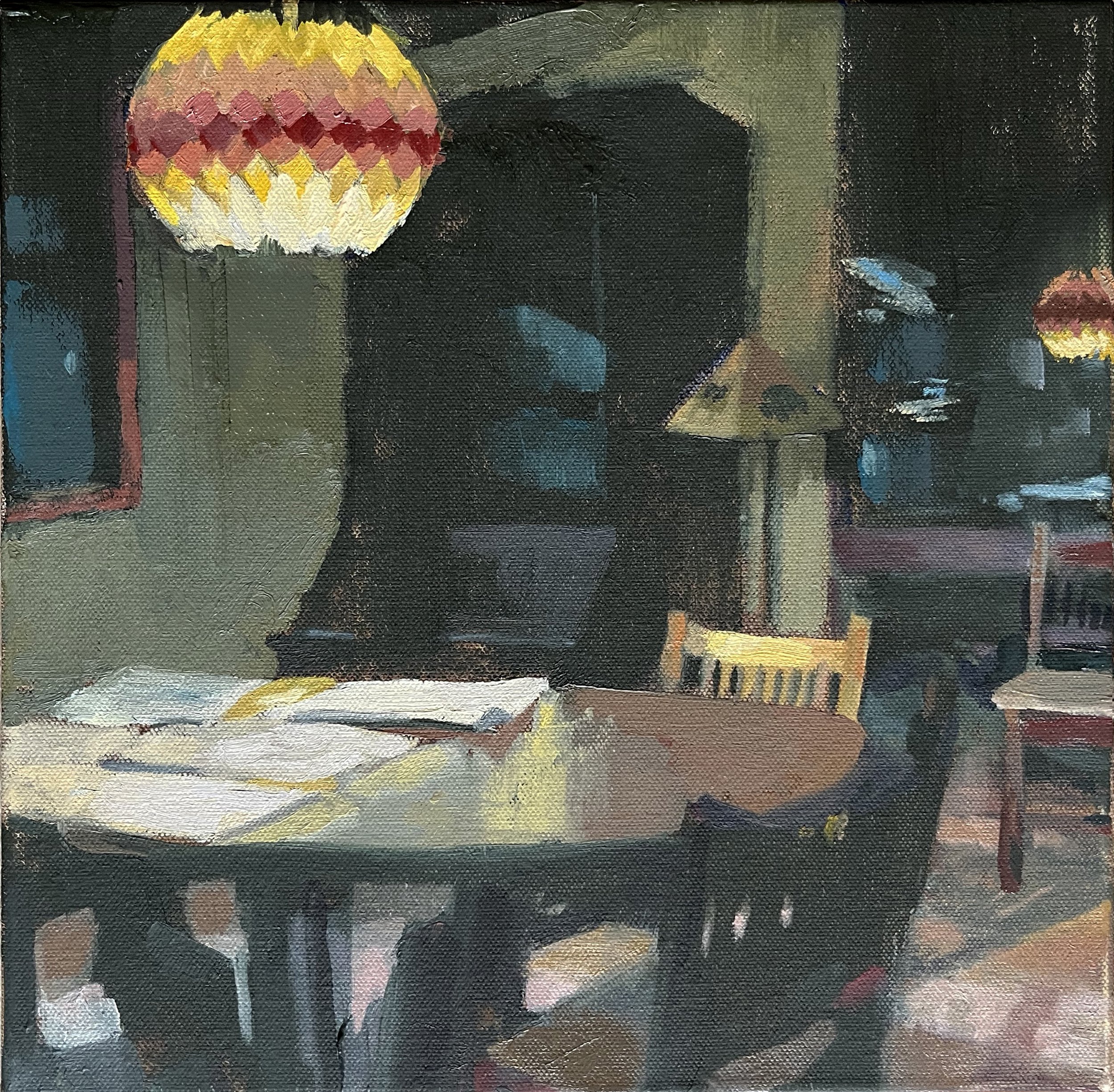 Carole Rabe, "Late Night at the Dining Table", Oil on Canvas, 12" x 12", 2024