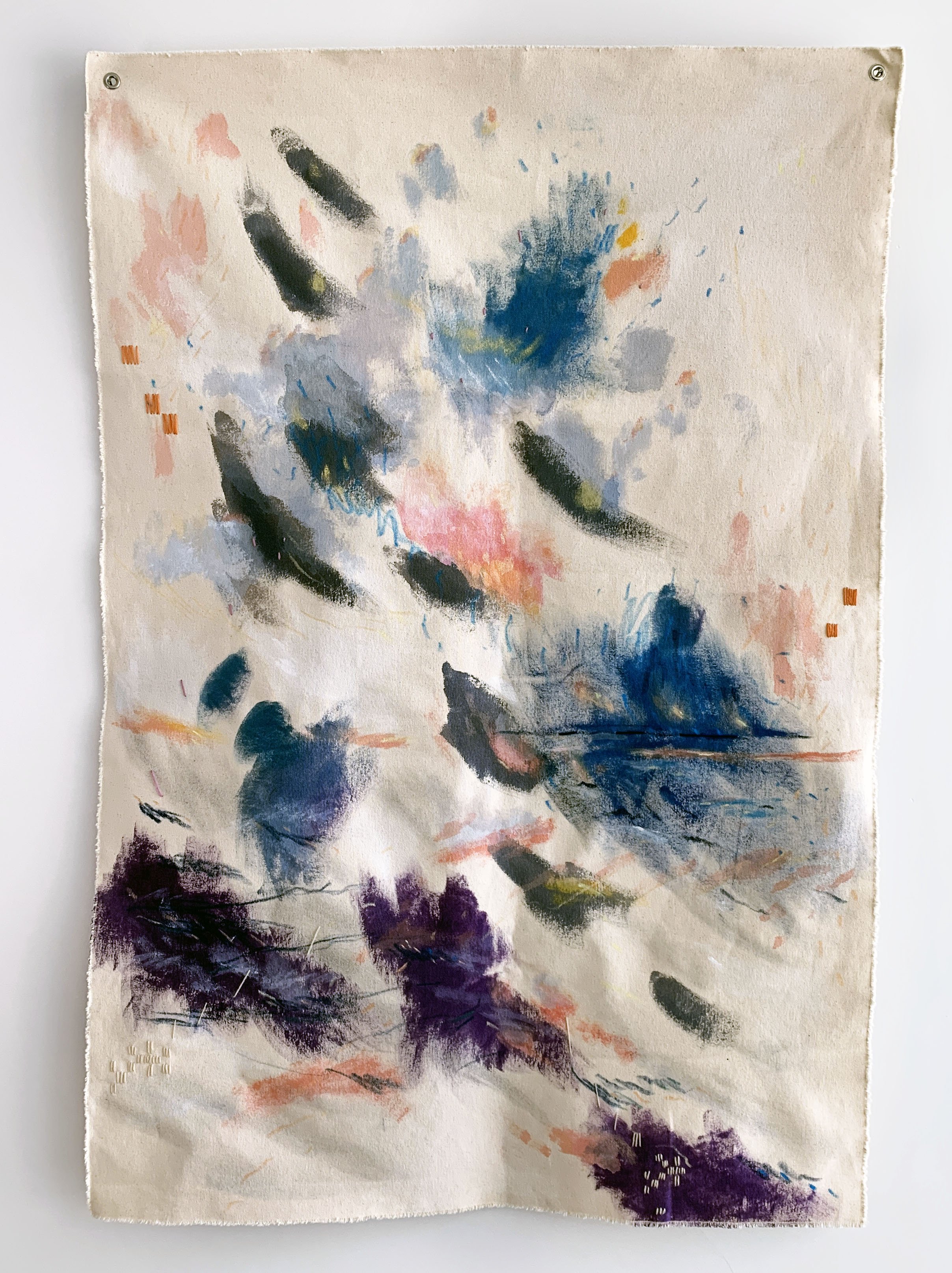 Trailing
32" x 48"
Acrylic, mixed media and wool on raw canvas