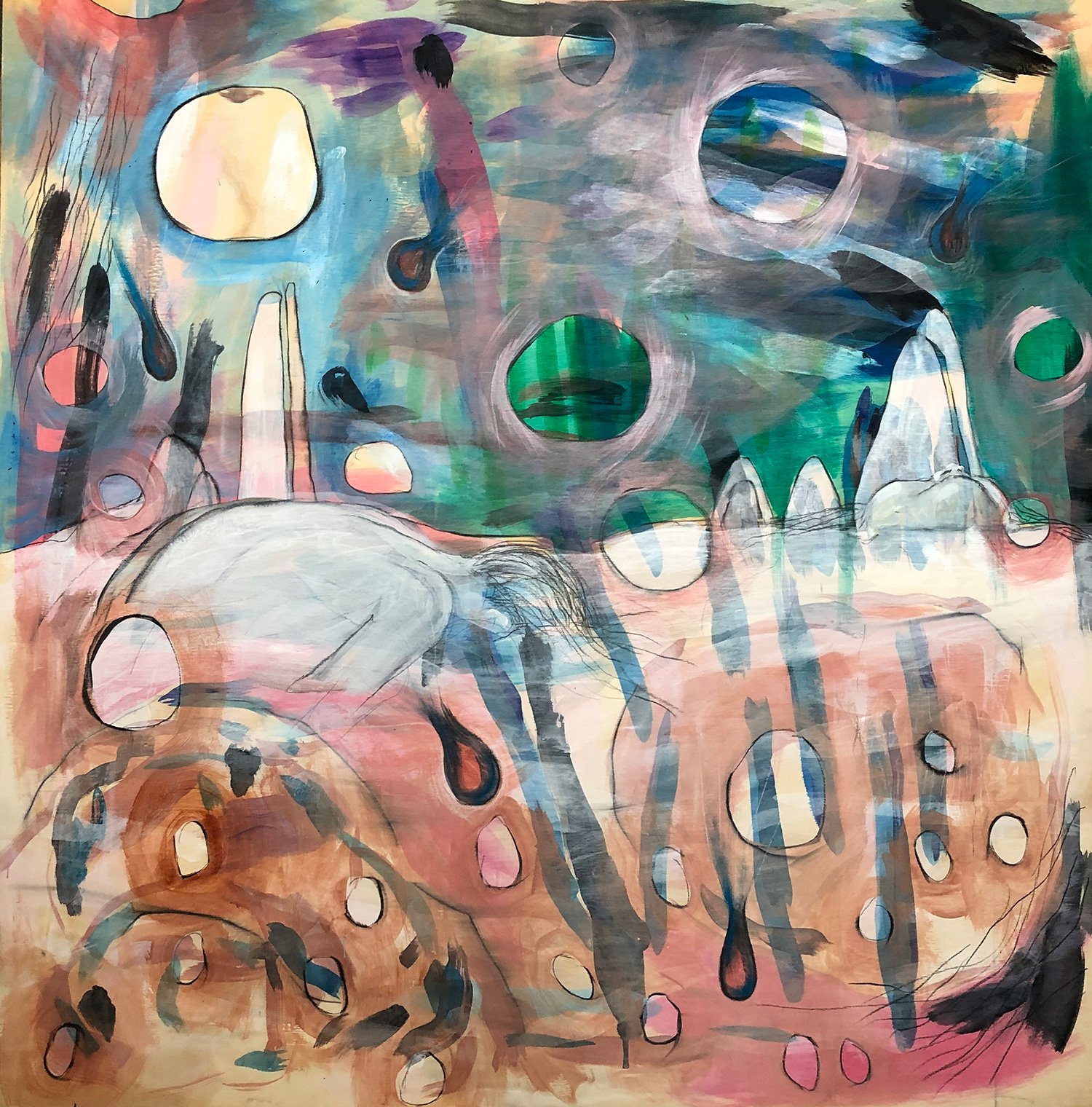 The Swimmer,
Acrylic and mixed media on wood panel,
48" x 48" x 3.5"