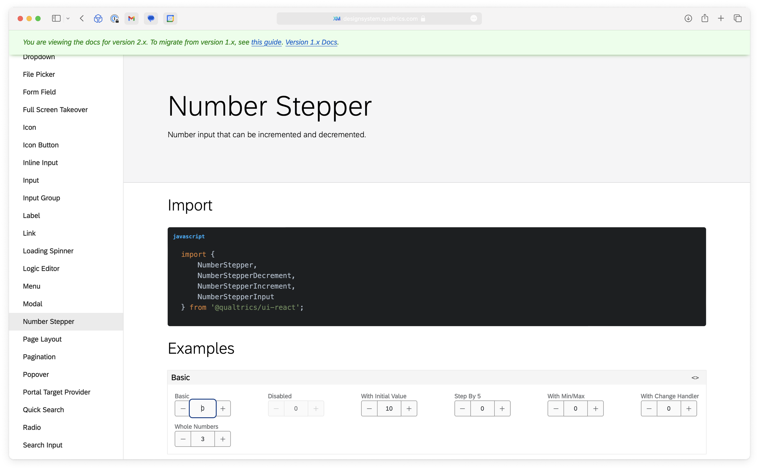 Screenshot of the developer documentation for the design system.  It is a website with a list of all the components, as well as code to implement and examples of special configuration.  The current component shown is the number stepper.