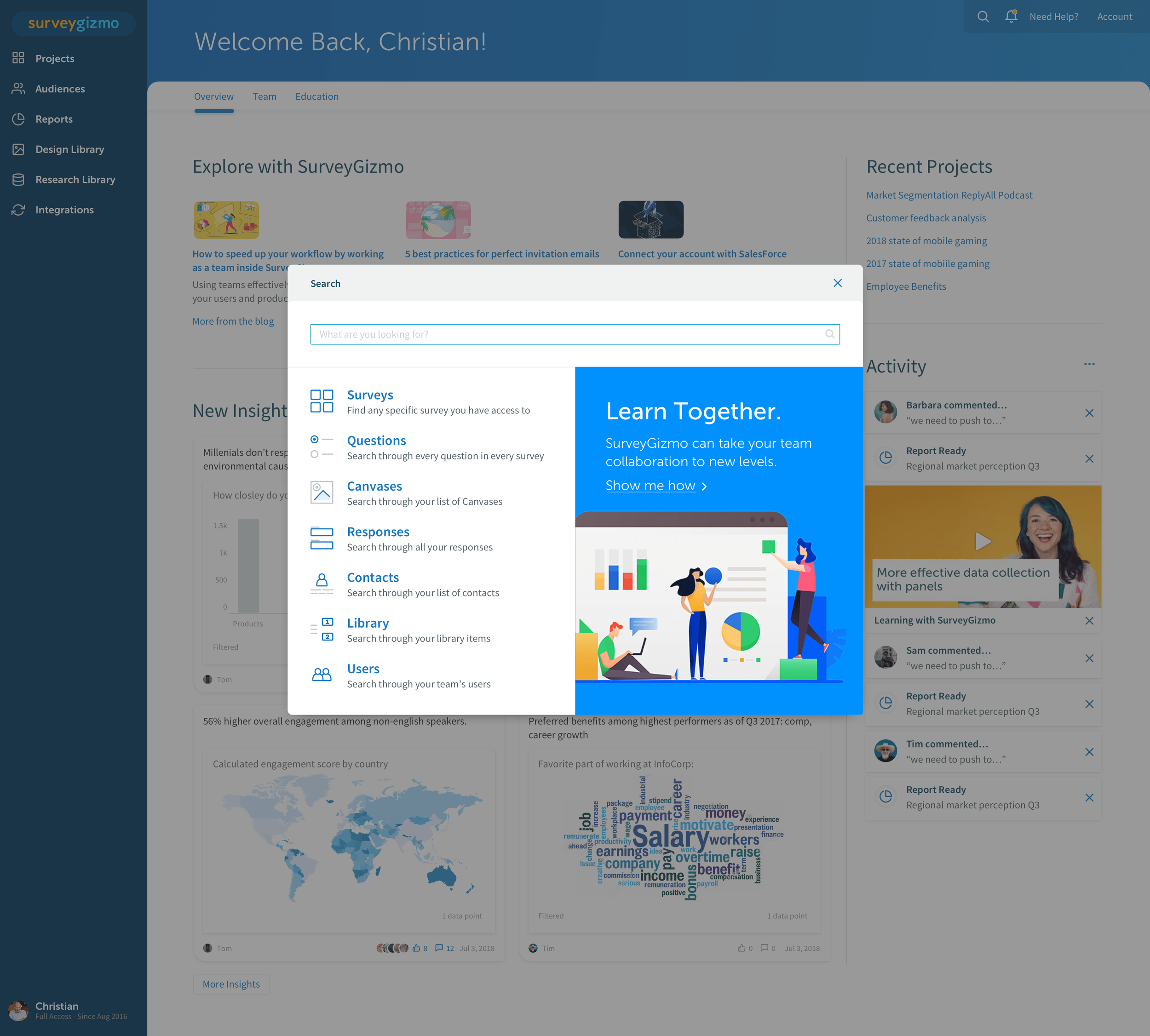 Universal search page allowing users to search for users, projects, results or more.