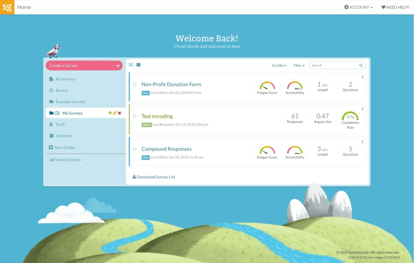 A bright blue website with a dated look that includes bright, pastel illustrations of rolling hills.